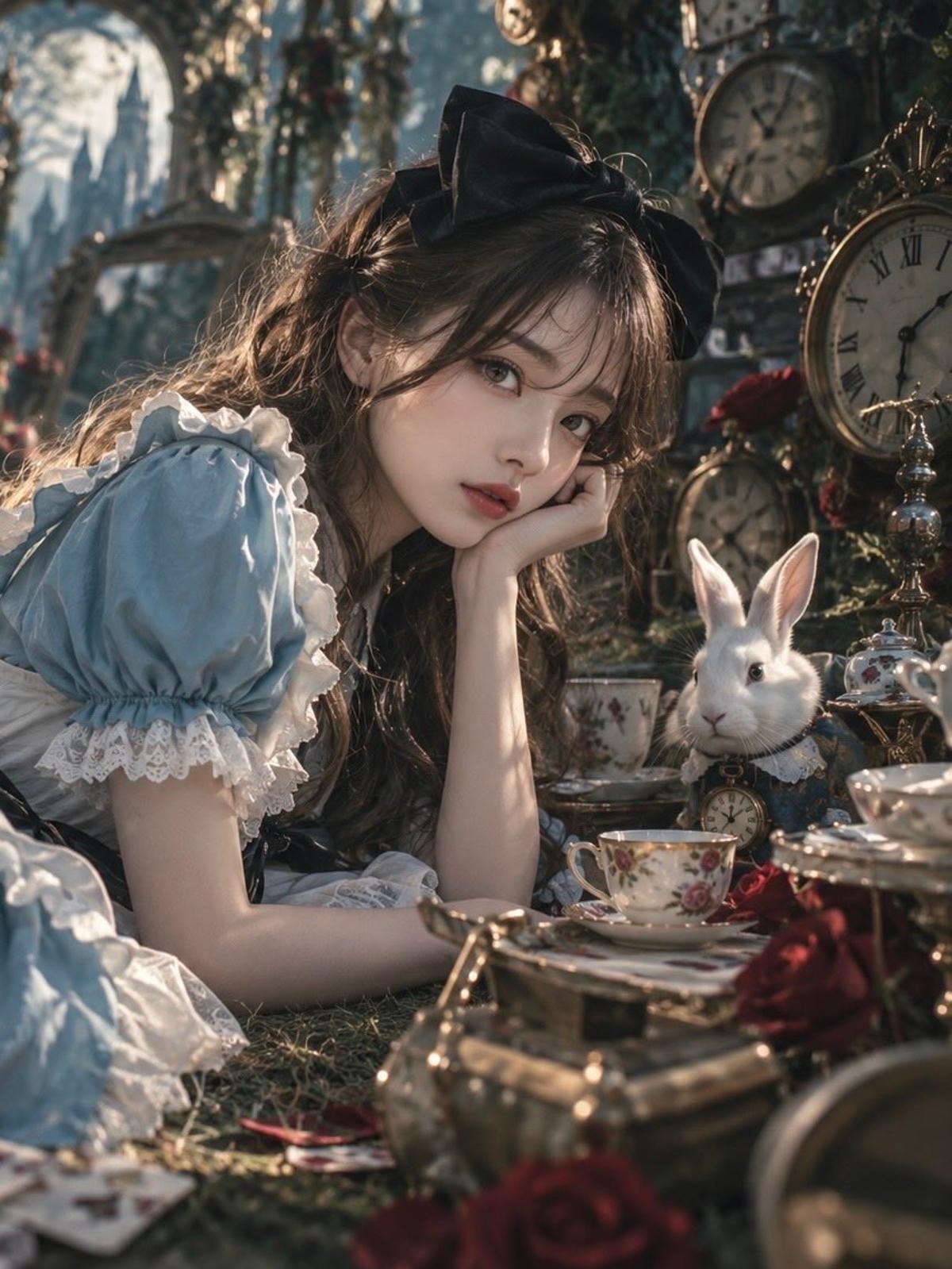 Dark fantasy Alice with a white rabbit and antique clocks
