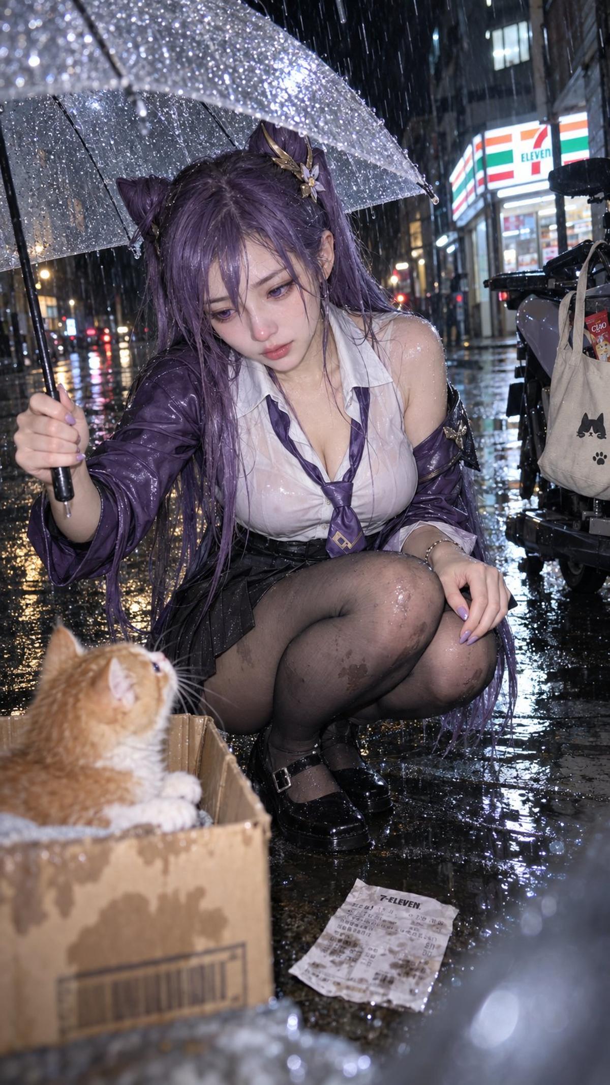 Rainy Night Keqing Cosplay Sheltering a Kitten