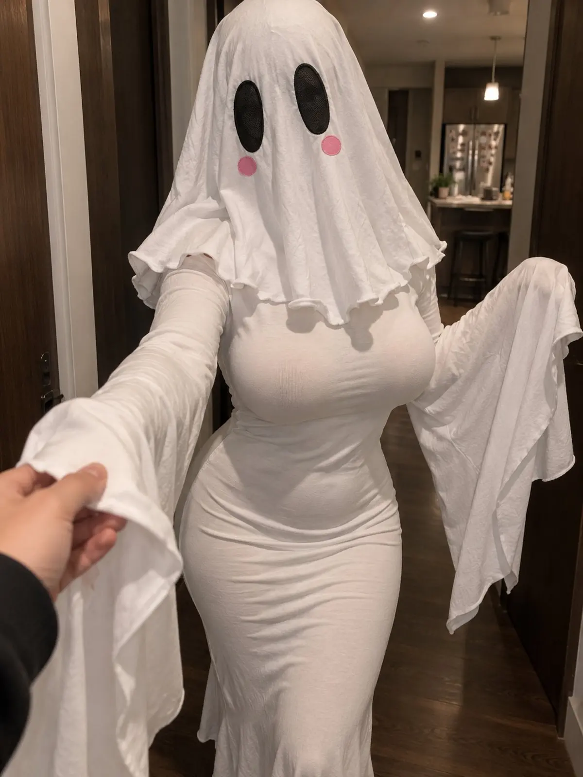 Playful white ghost costume in an apartment hallway