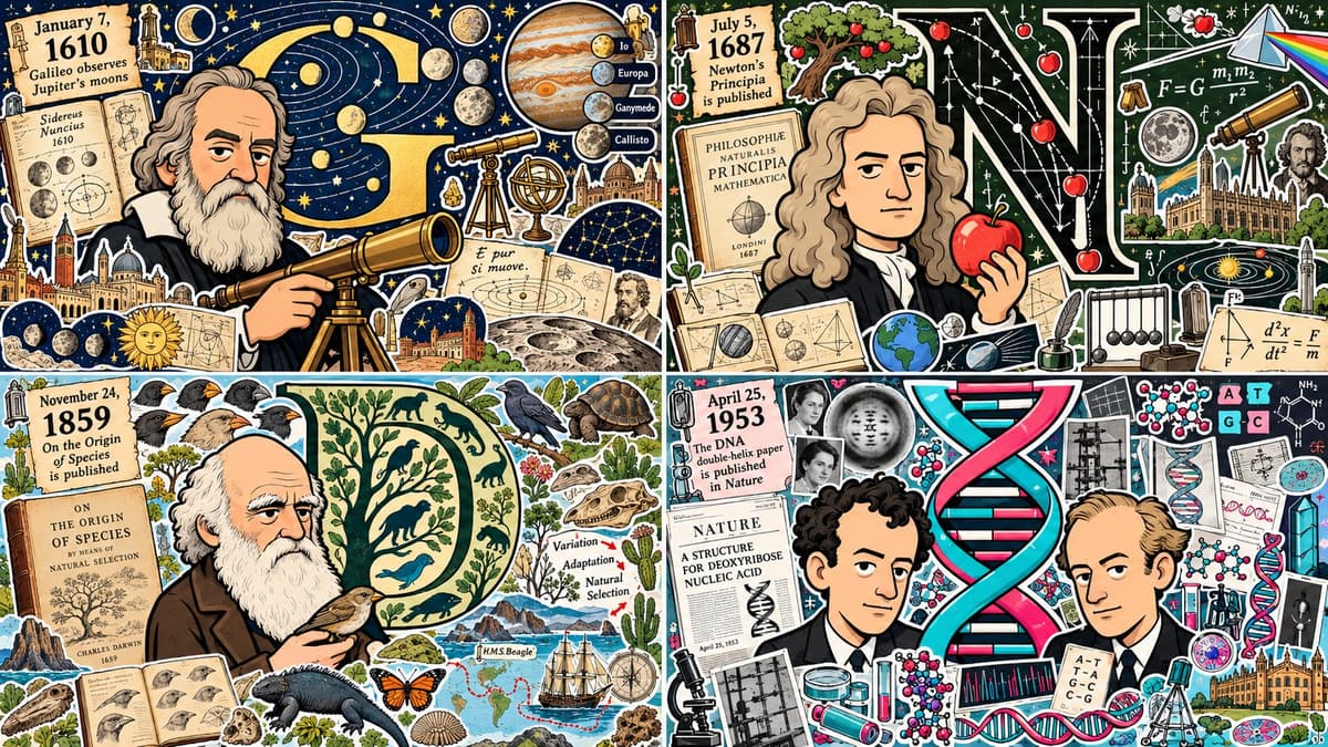 Four Days That Transformed Science — Sticker-Bomb Portrait Grid