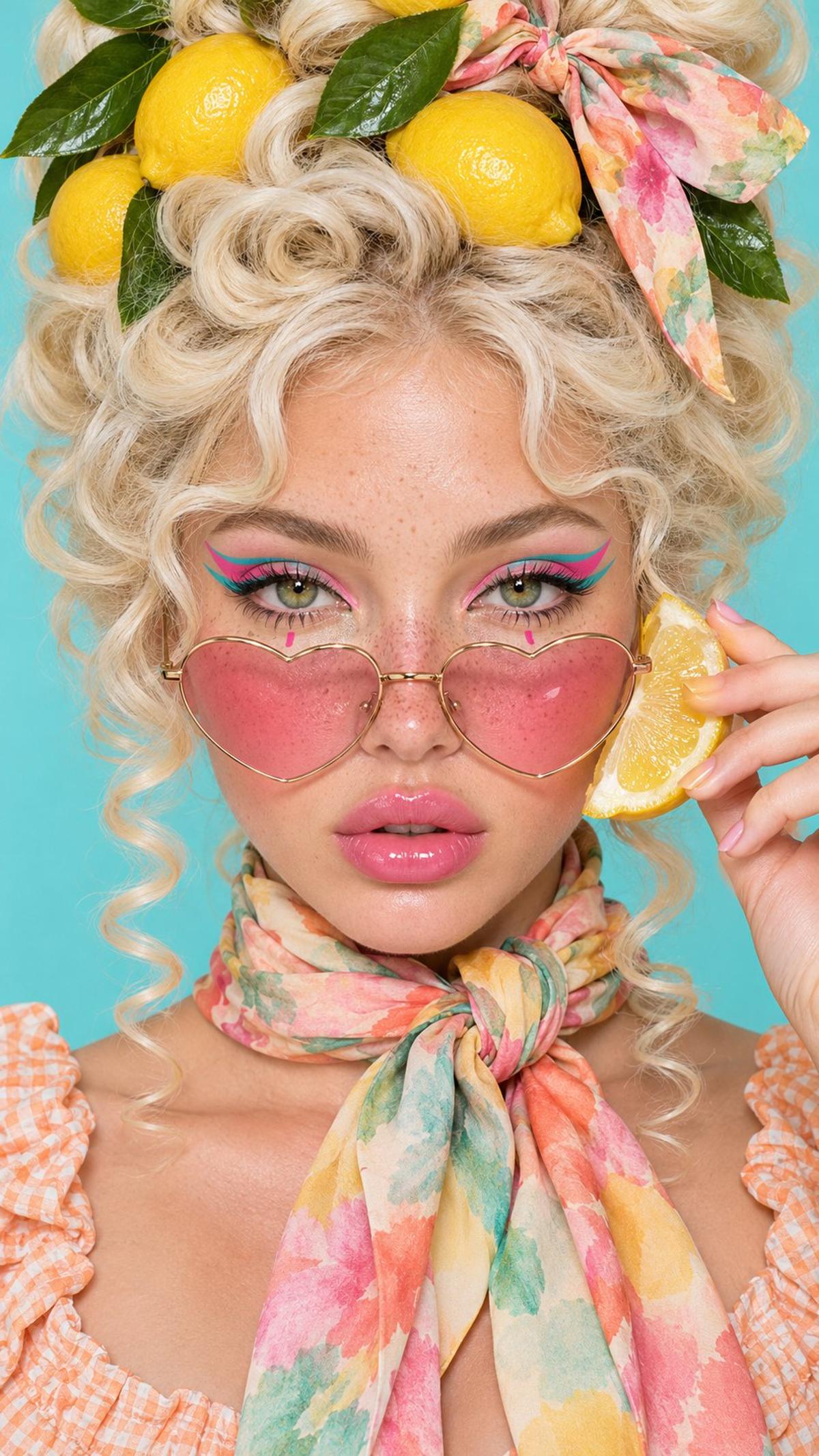 Lemon-adorned Rococo beauty portrait with heart-shaped glasses