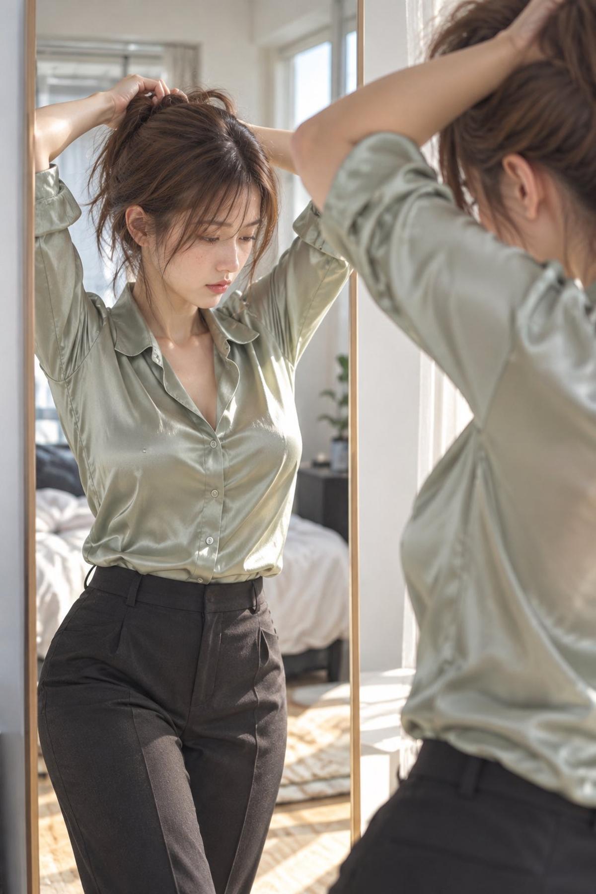 Sage-green satin top and a mirror hair-tying moment