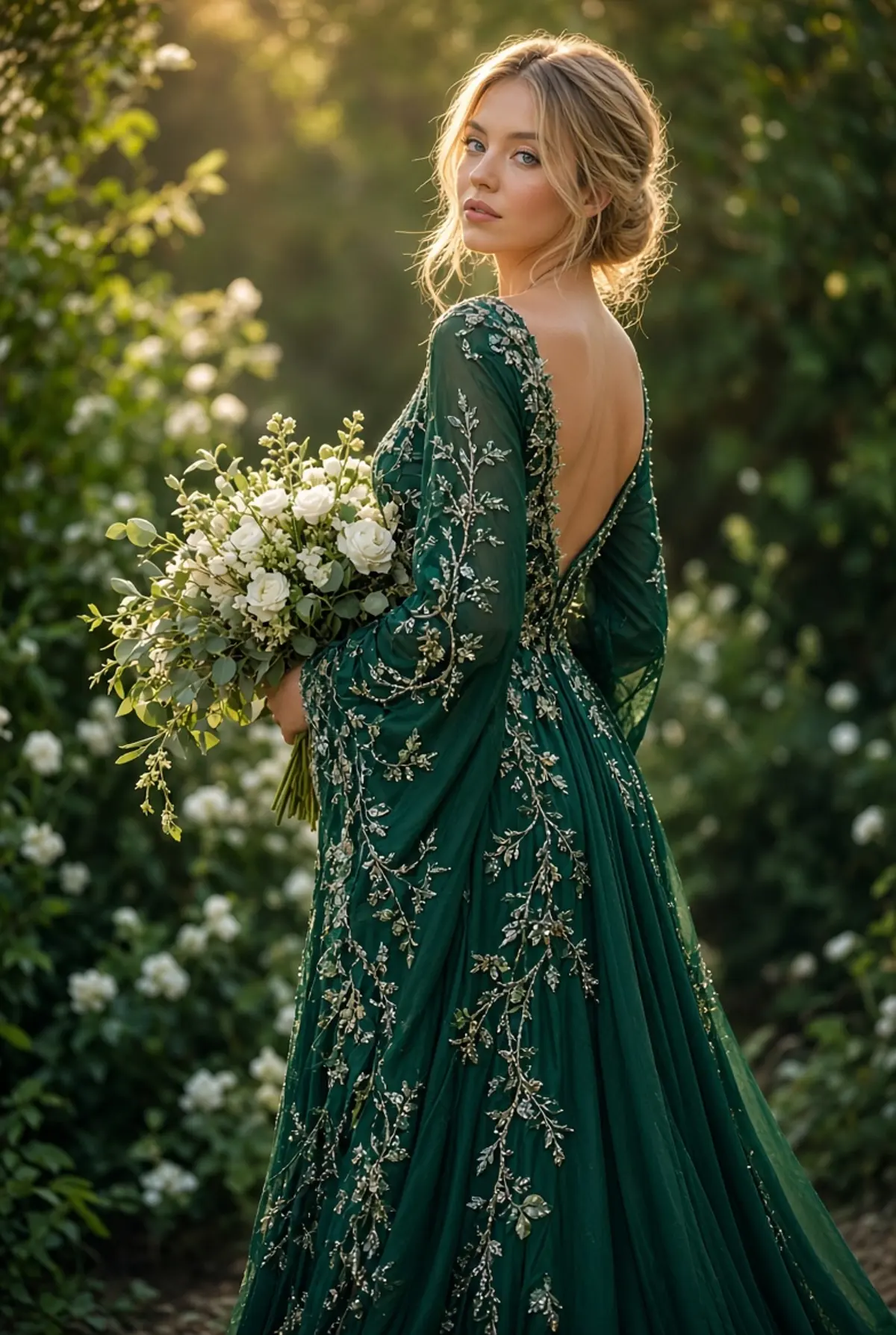 Emerald Embroidered Bridal Gown in a Golden-Hour Garden