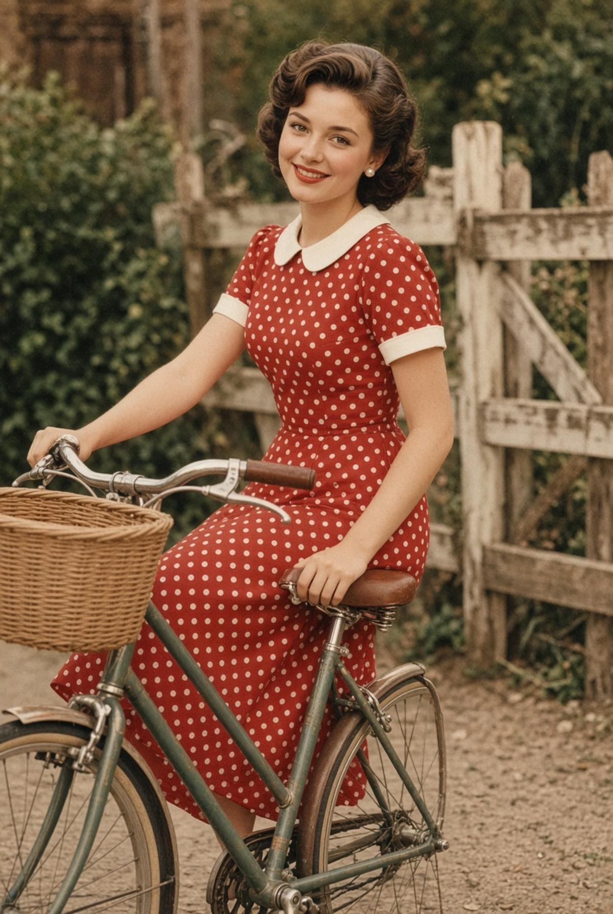 1950s Polka-Dot Dress and Vintage Bicycle in the Countryside