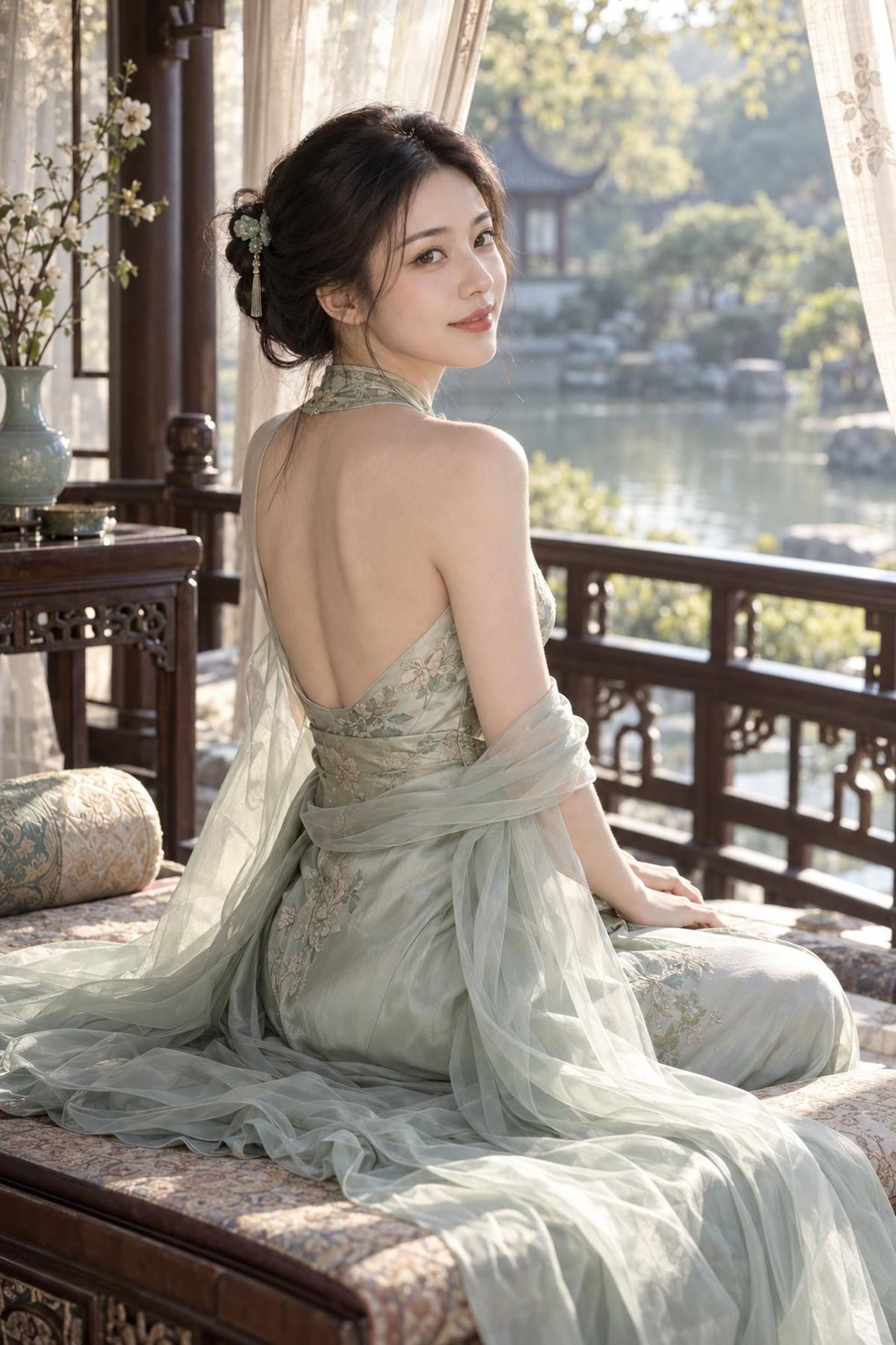 Sheer Chiffon Shawl in a Suzhou Garden Pavilion
