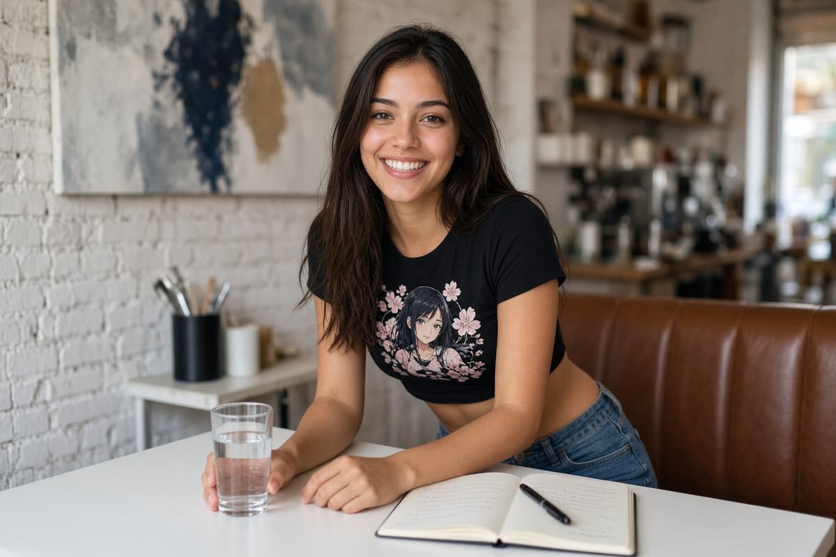 Smiling Café Portrait in an Anime Graphic Crop Top