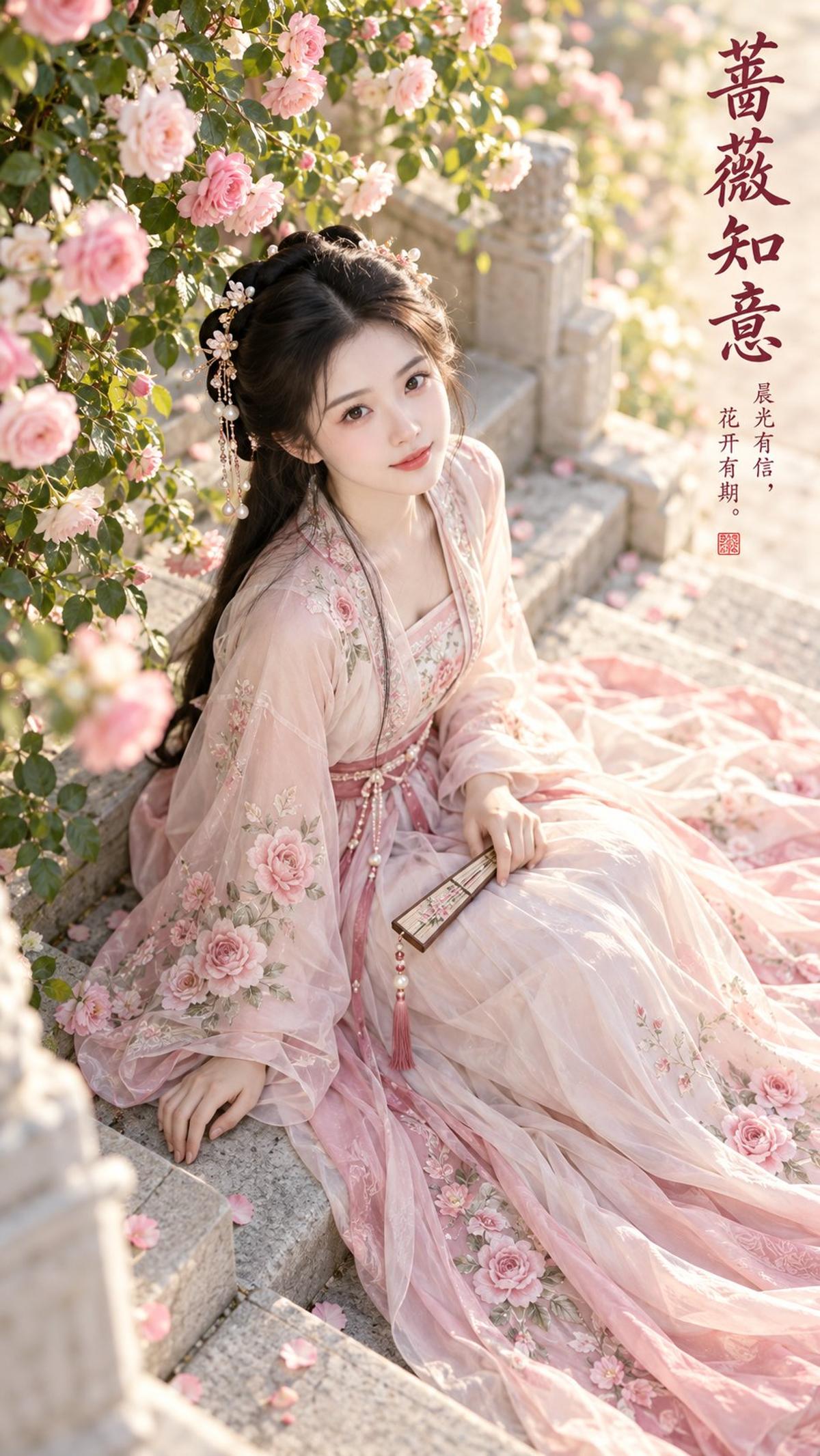 Pink Hanfu Portrait Beside a Climbing-Rose Wall