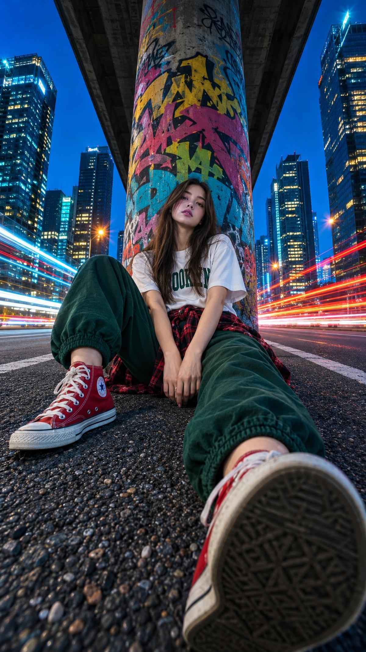 Ultra-Wide Street-Fashion Portrait Beneath a Graffiti Overpass
