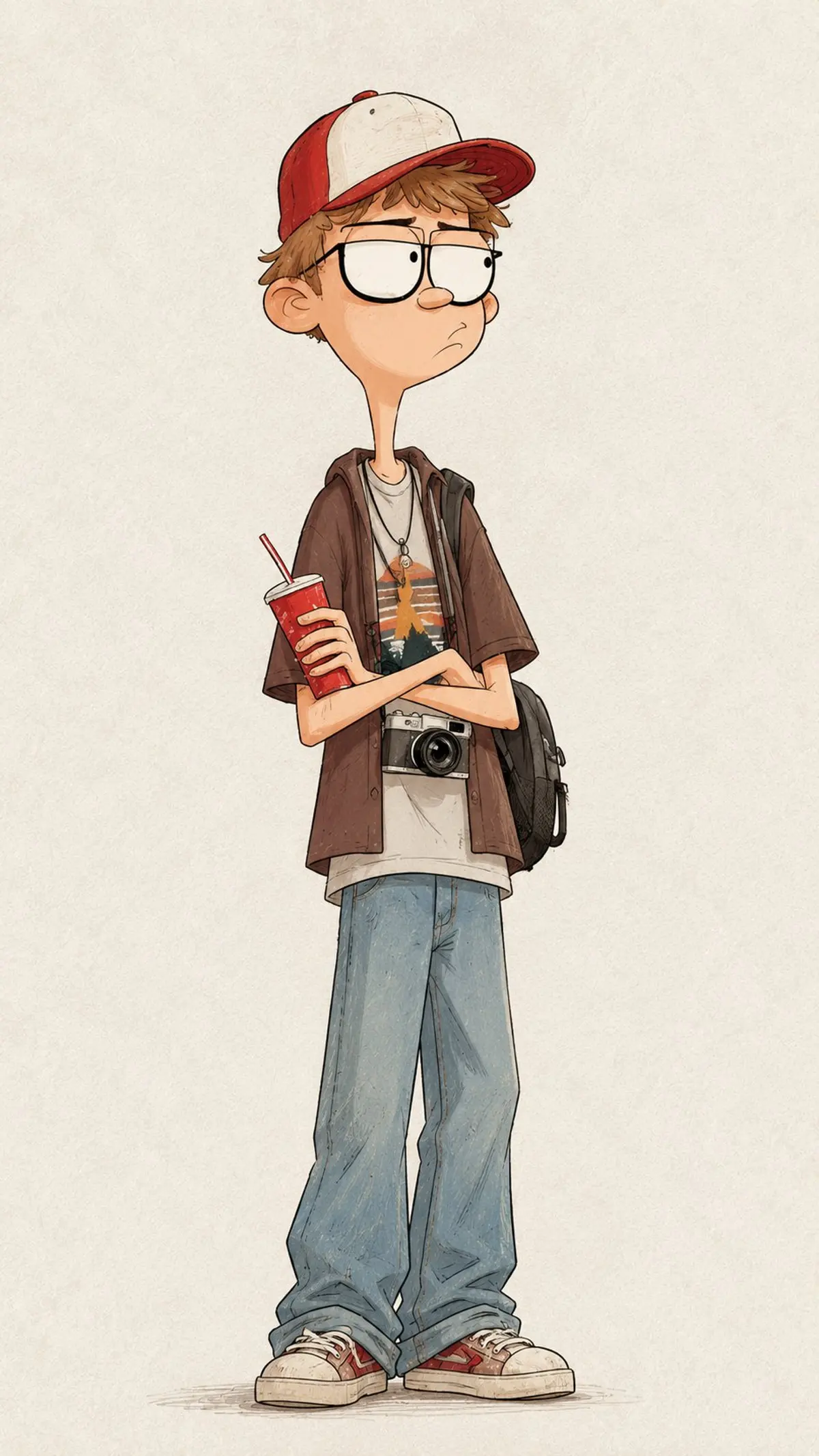 Nostalgic hand-drawn 2D cartoon character portrait