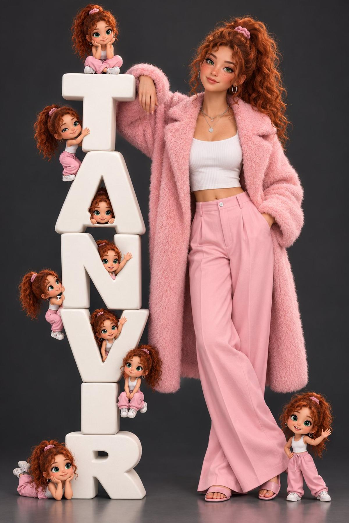 Pink fashion character with TANVIR letters and tiny chibi doubles