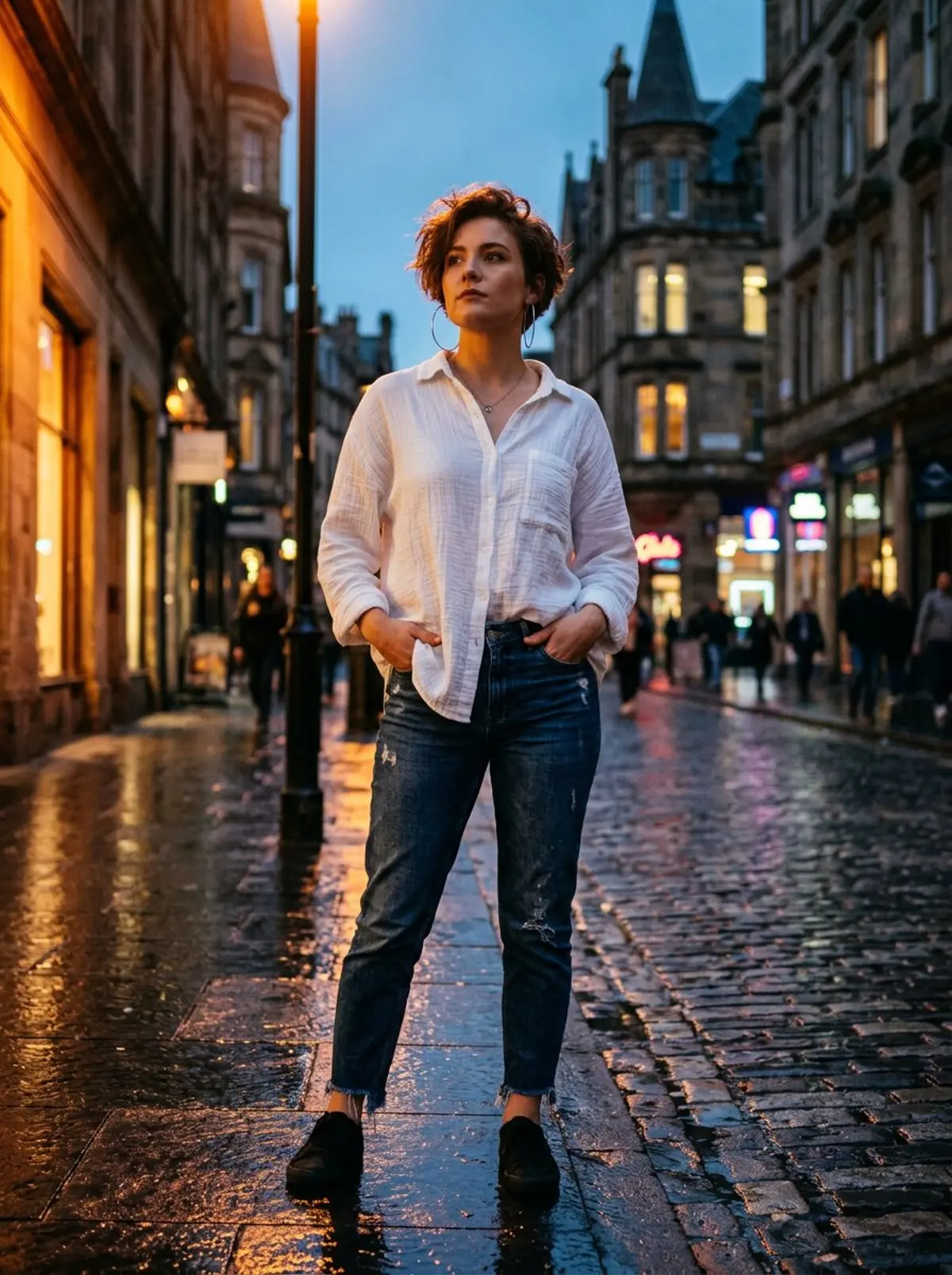 Cinematic Dusk Street Portrait in Blue and Orange