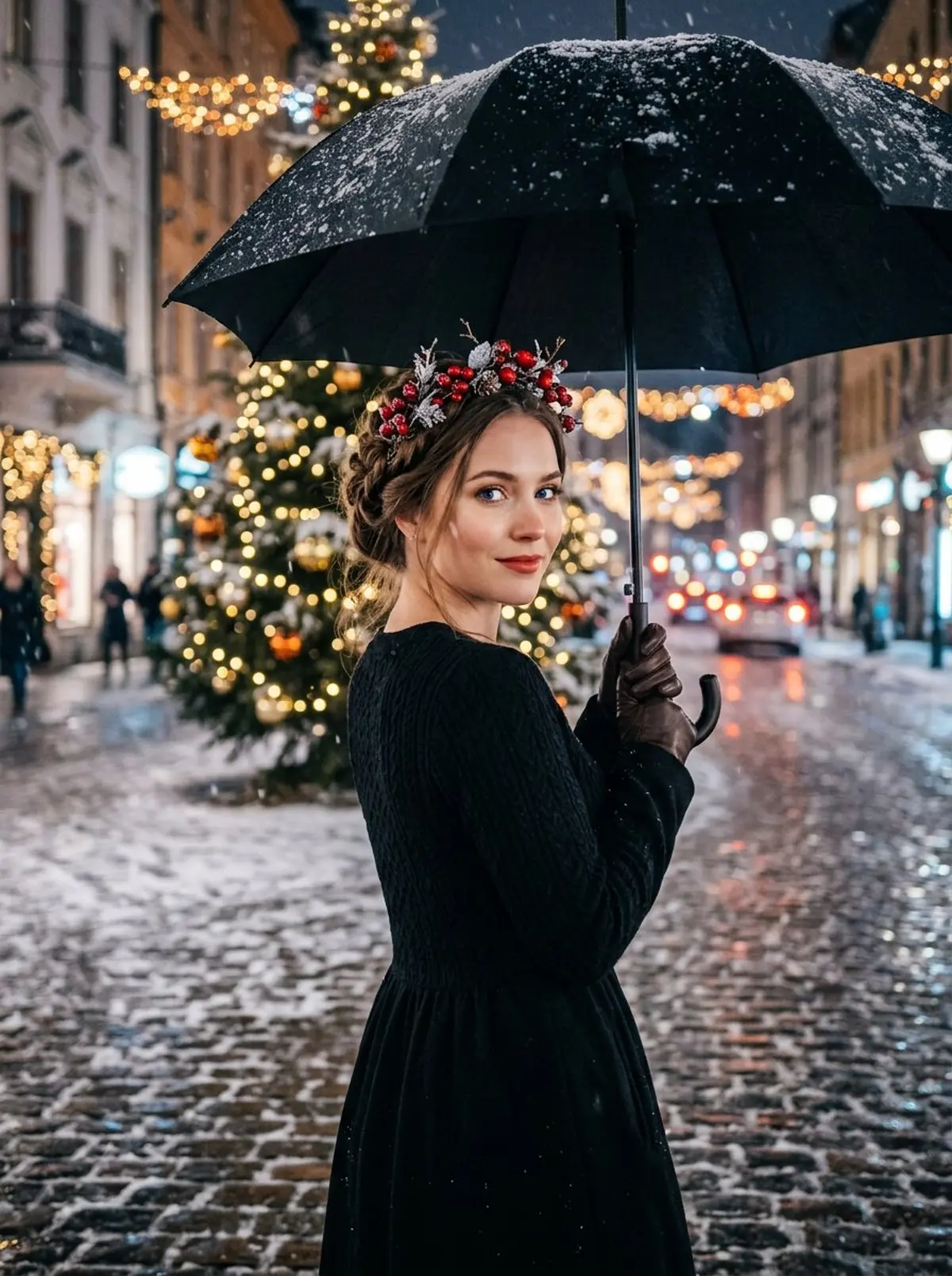Snowy Christmas street portrait under a black umbrella