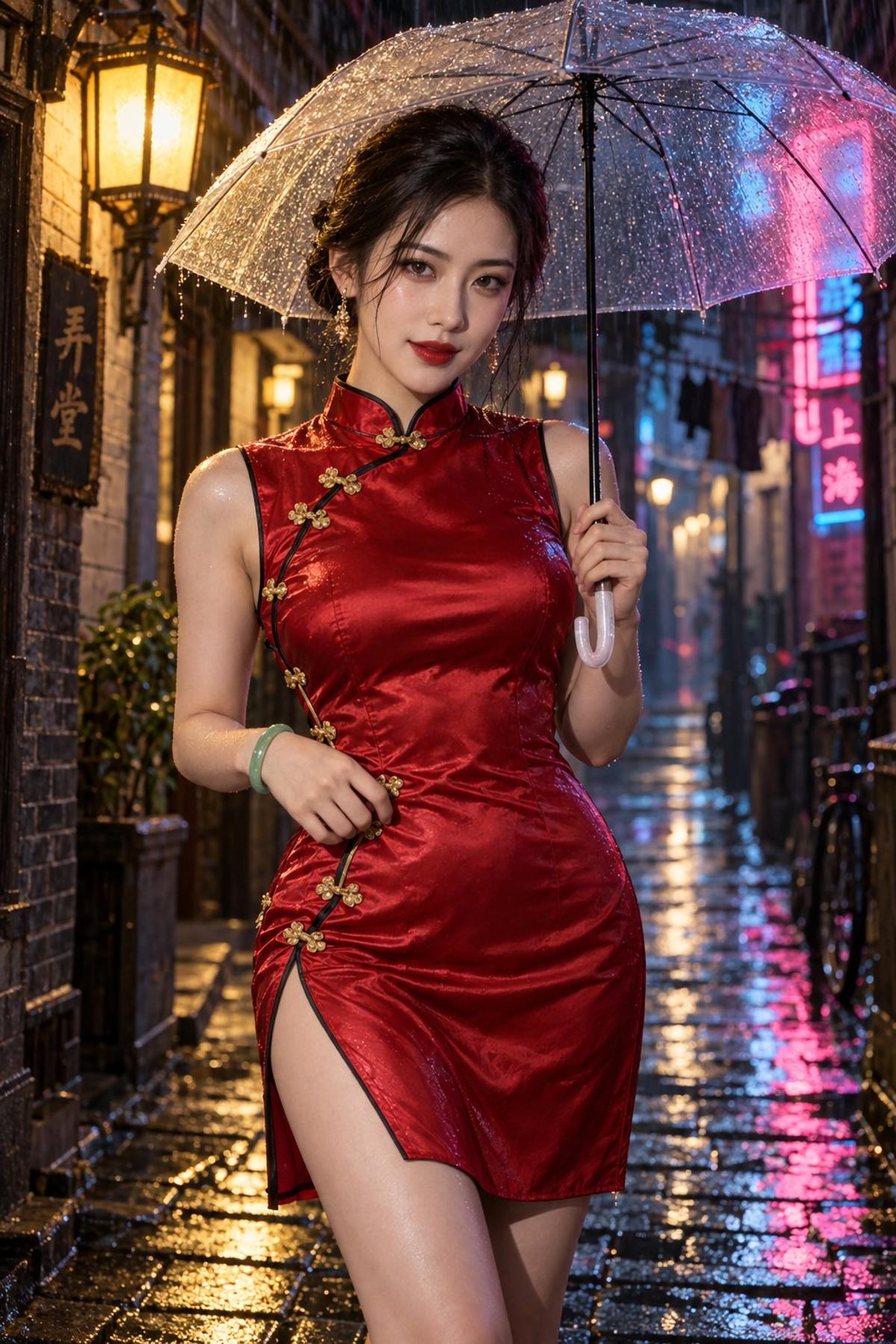 Red Silk Qipao in a Rainy Old Shanghai Lane