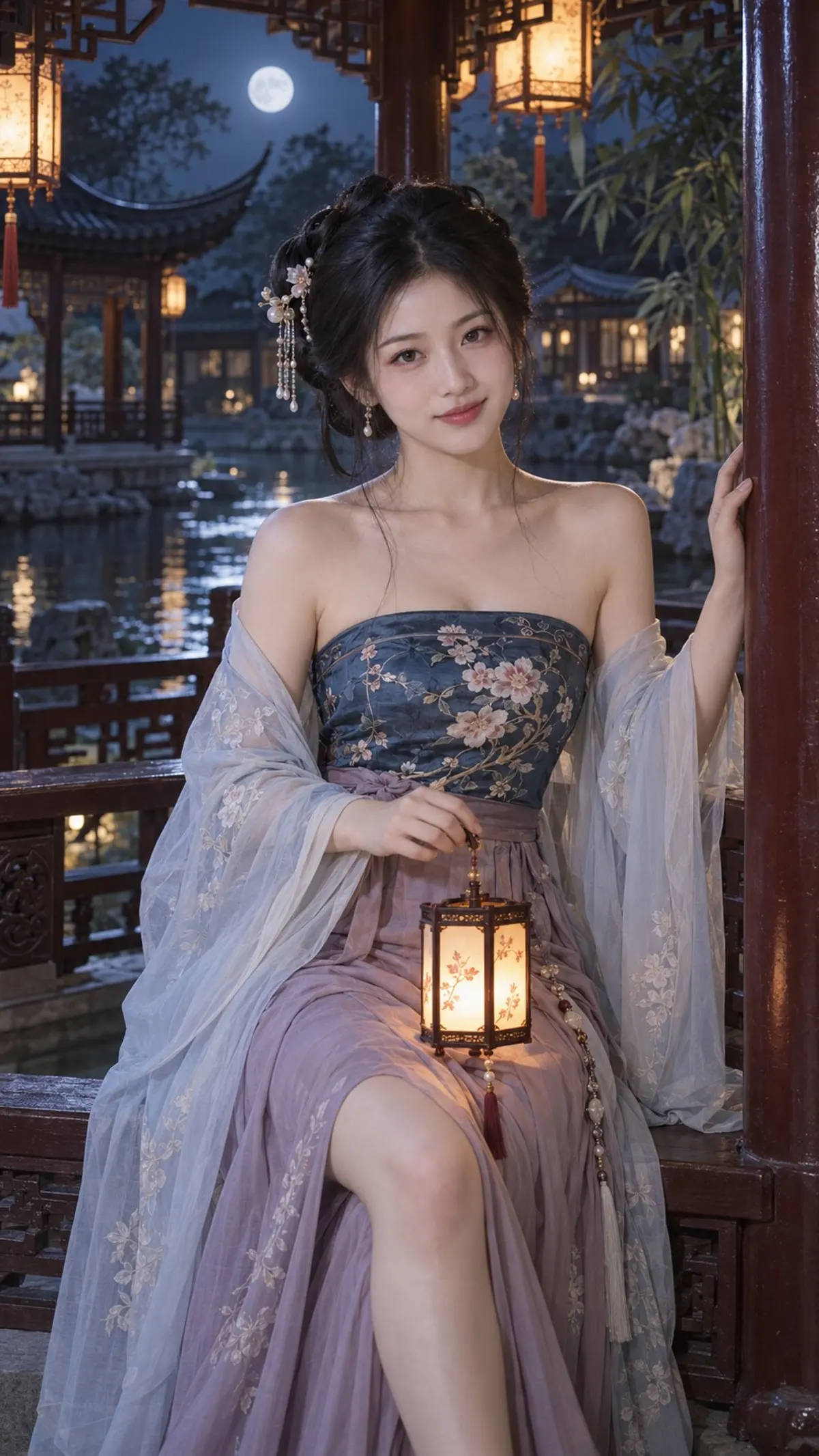 Moonlit Qing Garden Fashion Portrait with a Palace Lantern