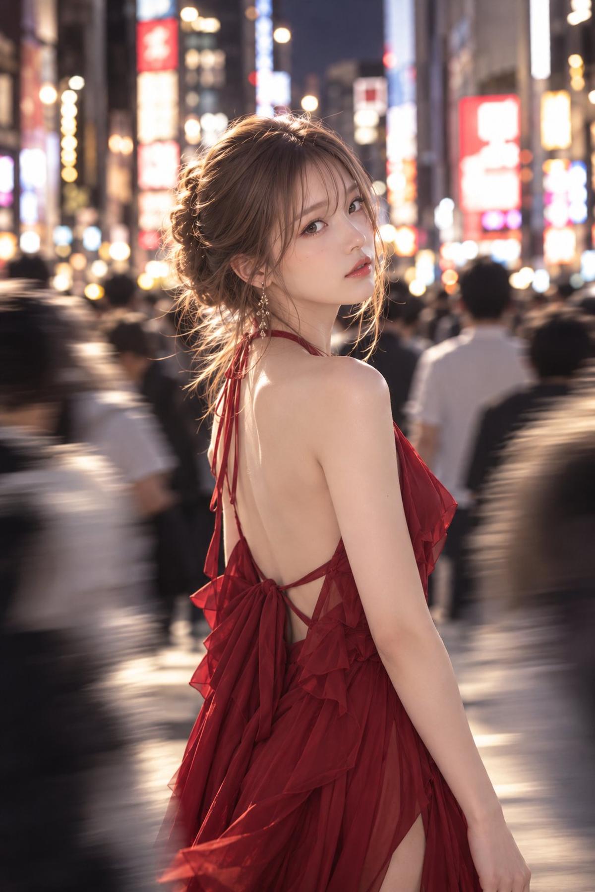 Red Ruffled Dress in the Nighttime City Lights