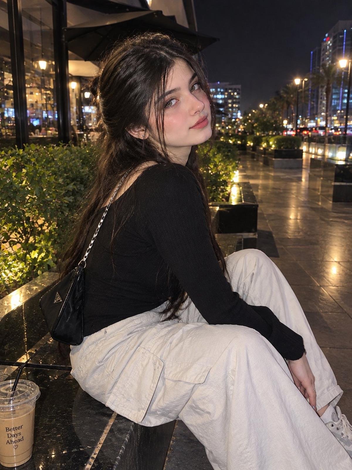 Nighttime café street-style portrait in black and cream