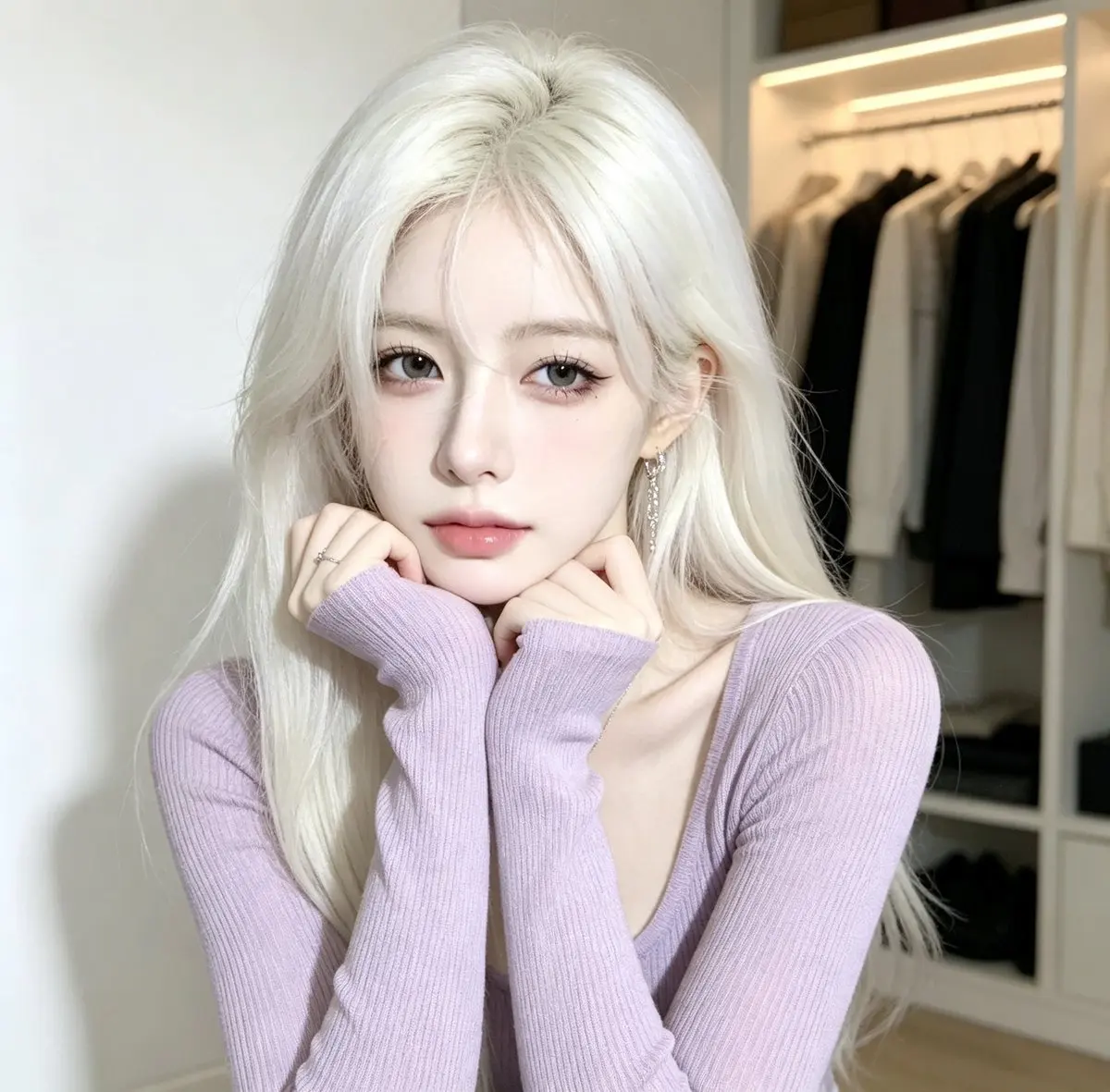 Platinum Blonde Portrait in a Lavender Ribbed Top