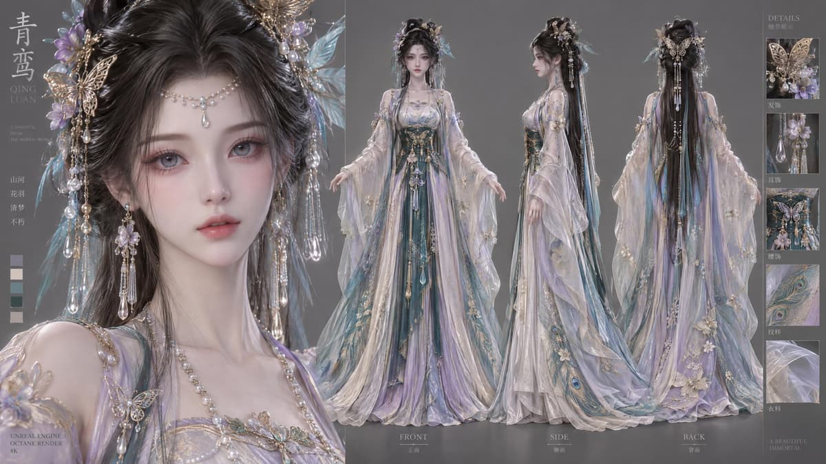 Xianxia fairy character concept and turnaround sheet
