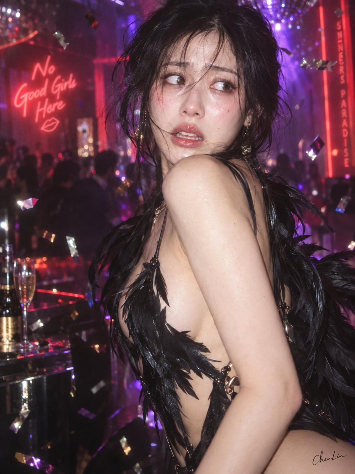 Feather Swimsuit Candid at a Neon Party