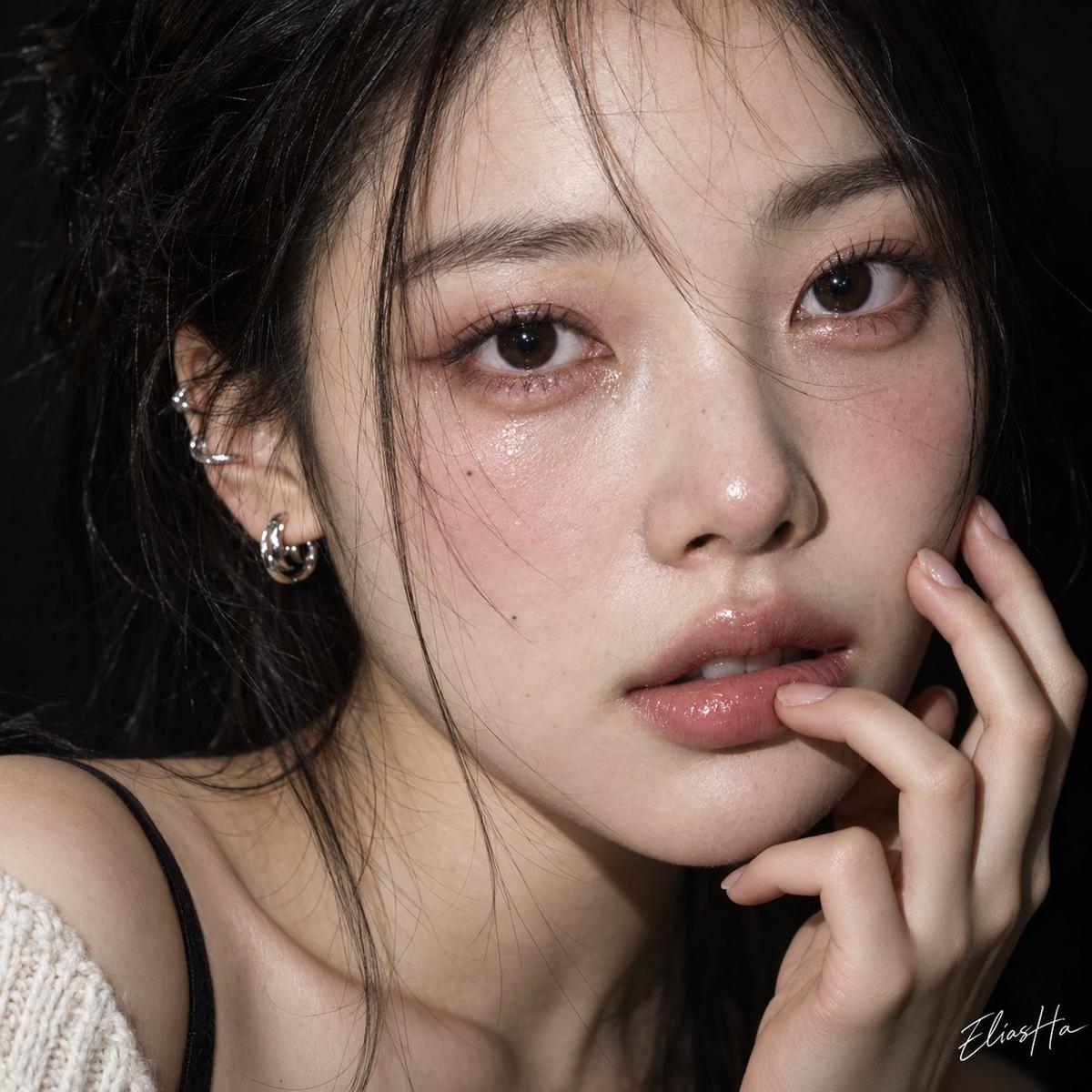 Hard-flash Korean beauty portrait with teary makeup