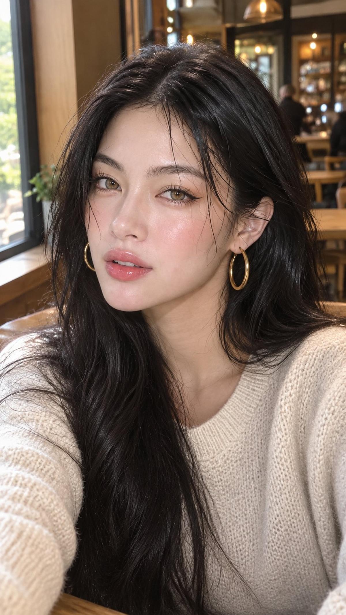 Warm café portrait with black waves and a cream knit sweater