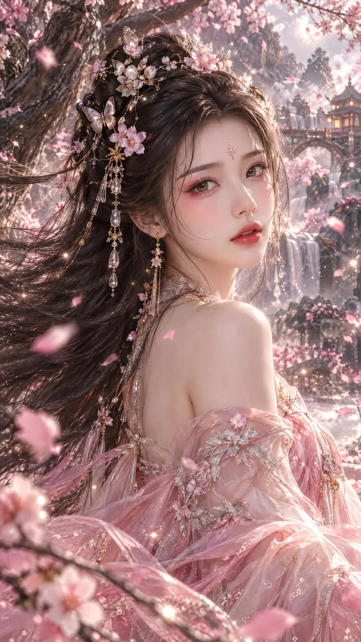 Cherry Blossom Xianxia Portrait in Pink Silk Hanfu