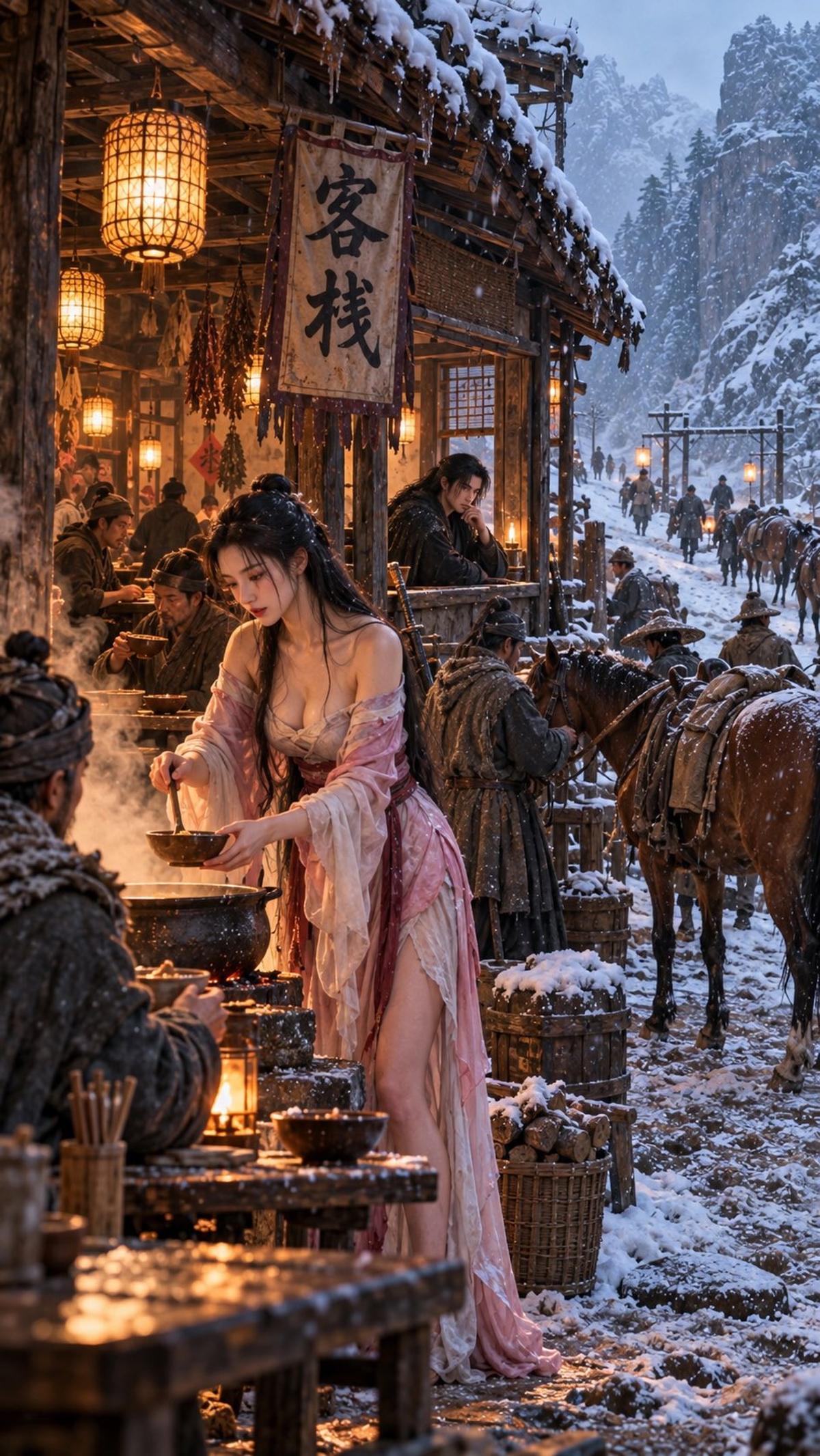 Winter Wuxia Innkeeper Serving Hot Soup