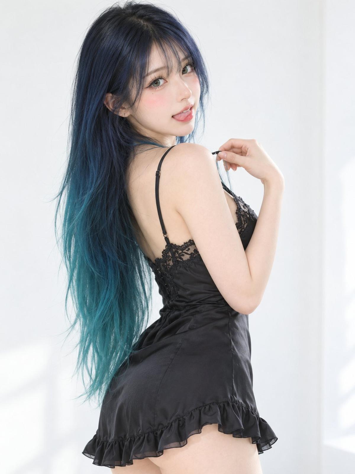 Teal ombré hair and black lace dress studio portrait