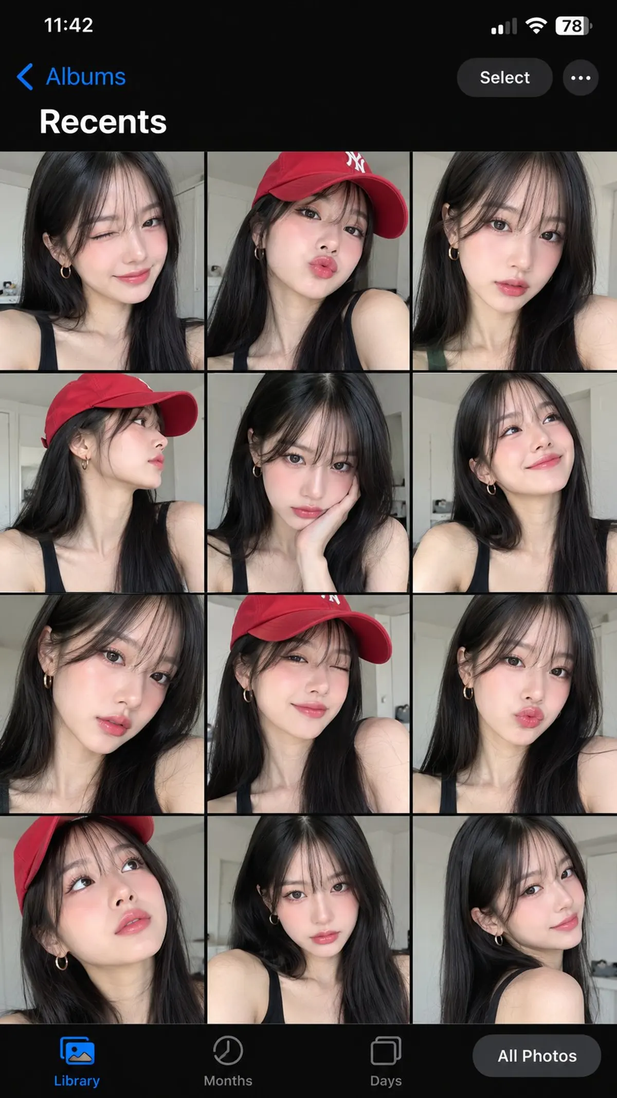 Korean-style selfie collage in a dark iPhone photo gallery