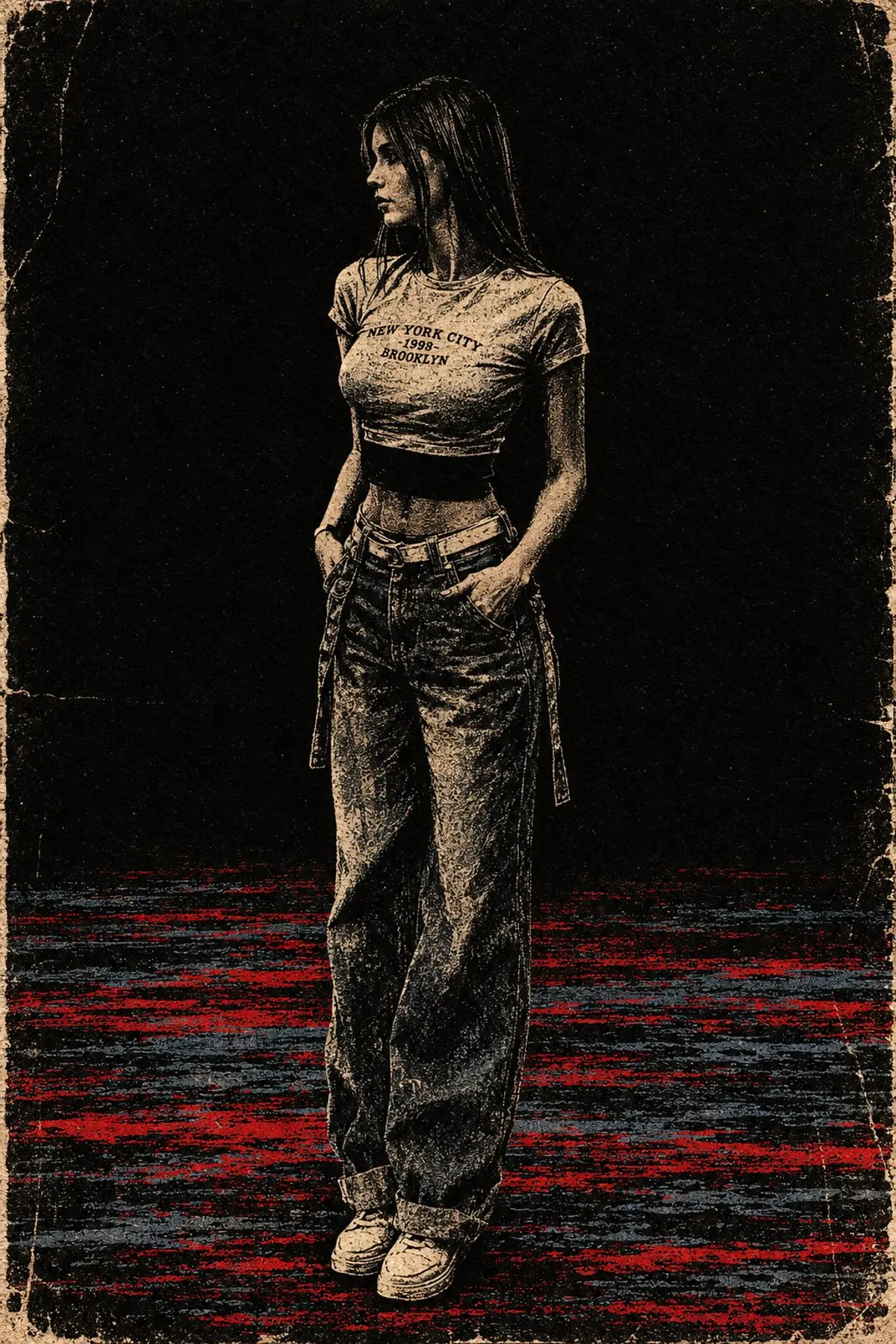 Melancholic Woodcut Silhouette on Crimson and Blue Ground