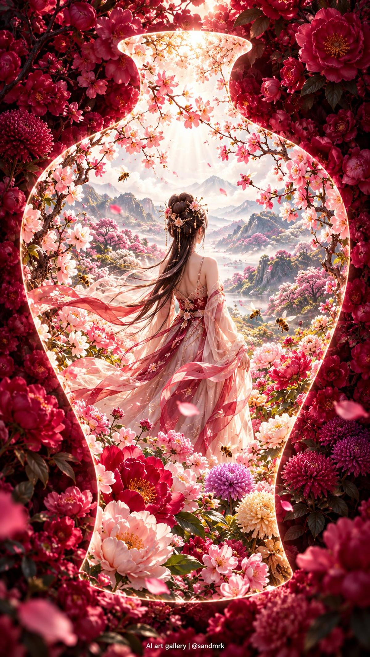 Flower-Sea Vase Silhouette with a Hanfu Woman