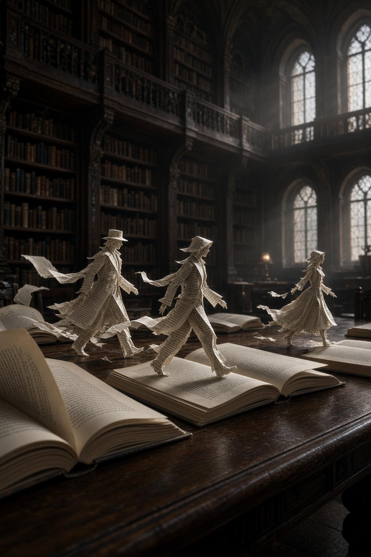 Fluttering Paper Figures in an Empty Library