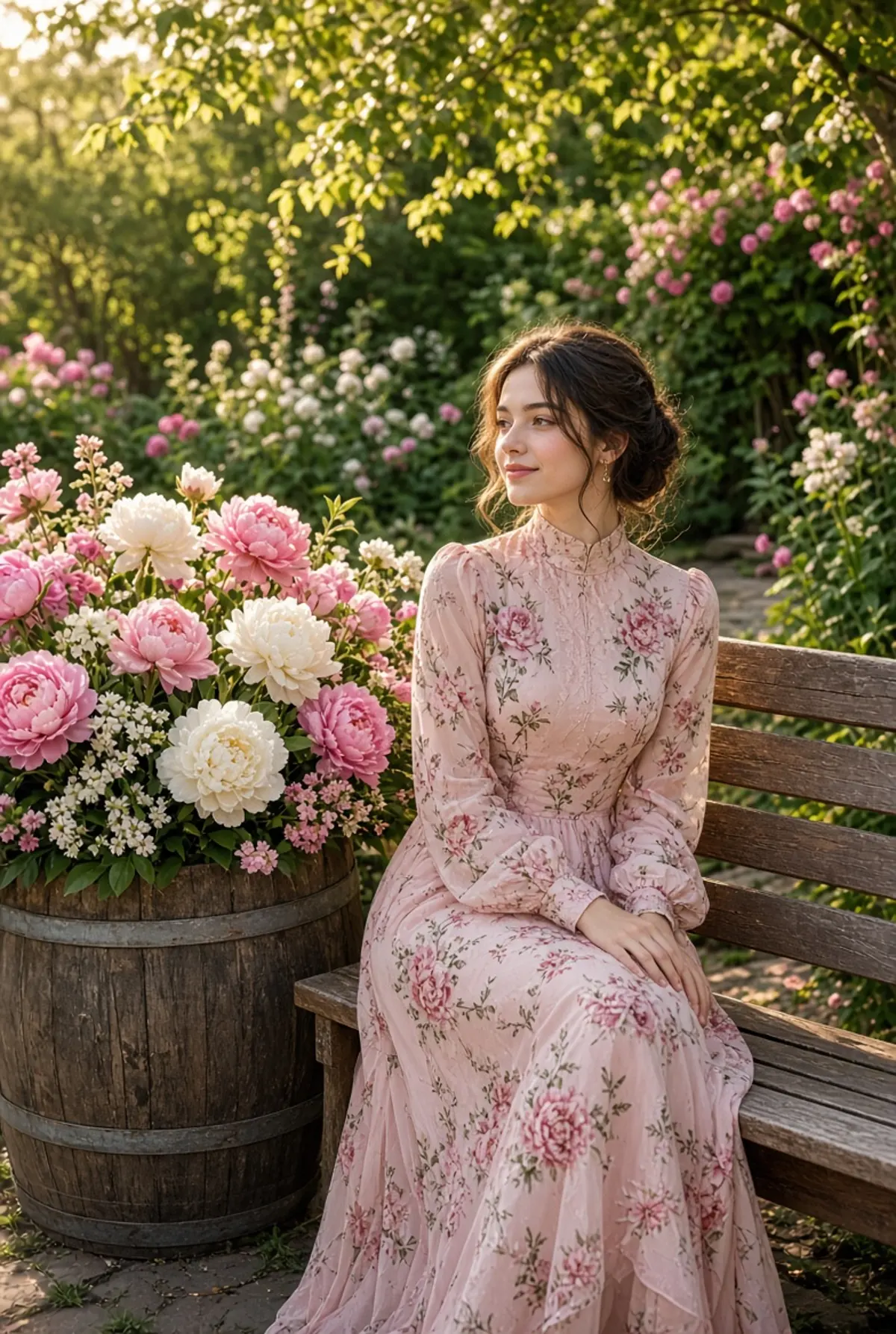 Vintage Garden Portrait in a Pink Floral Chiffon Dress