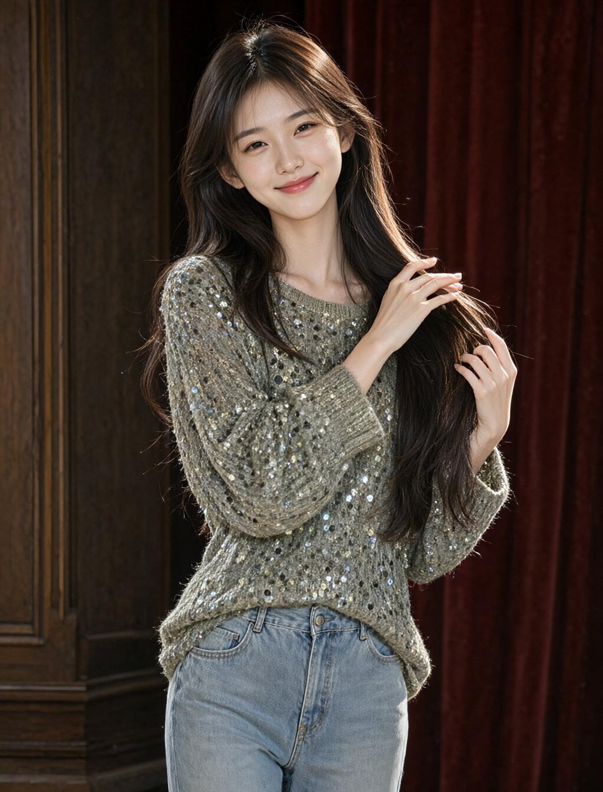 Sequined Knit Sweater at an Indoor Stage Event