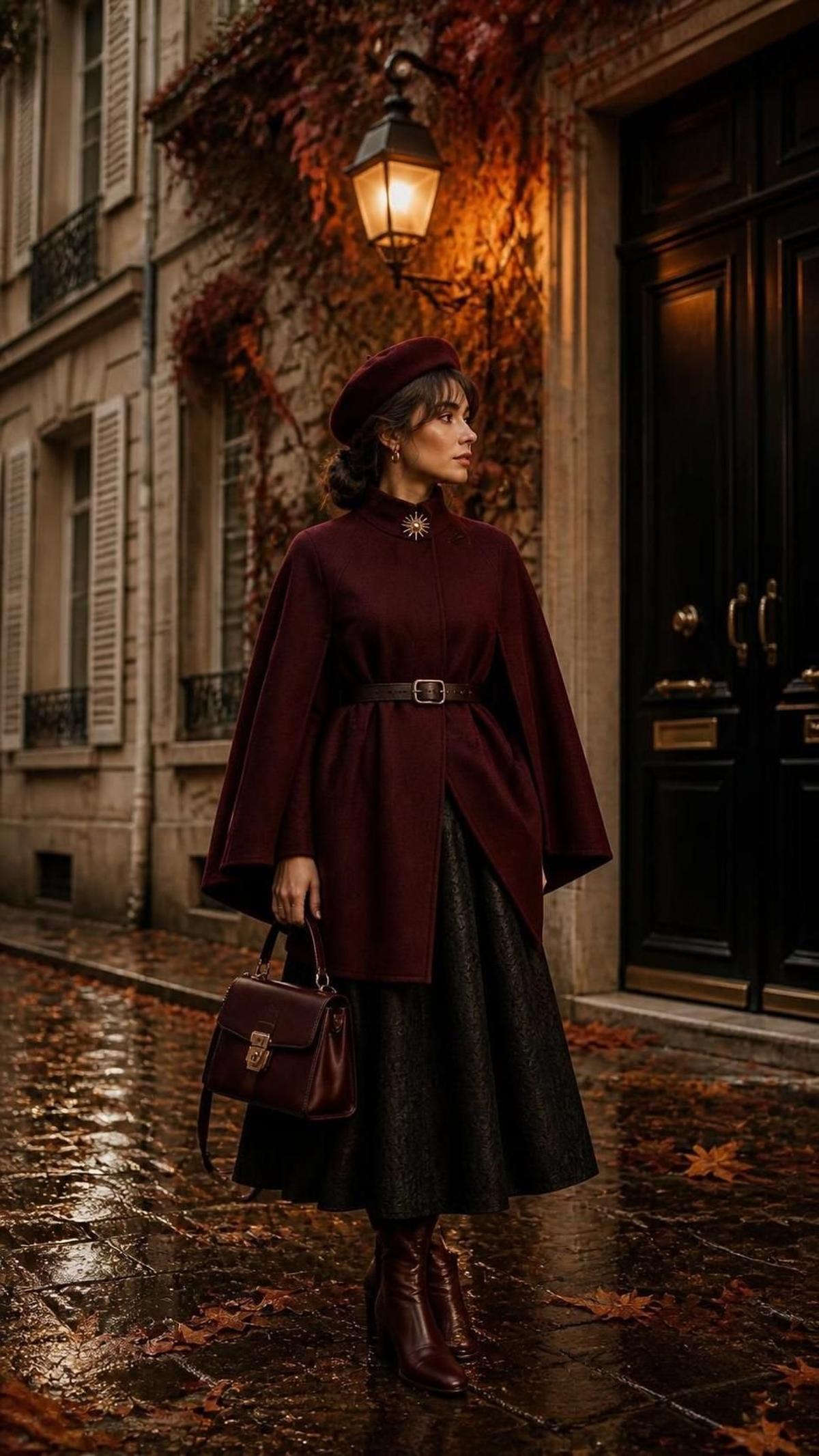 Burgundy Cape on a Rainy Parisian Autumn Street