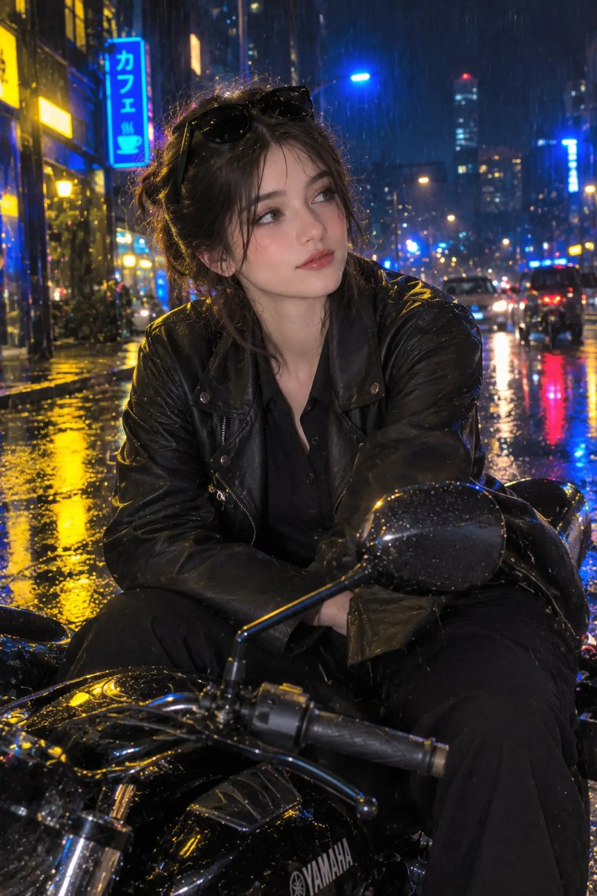 Rainy Neon Motorcycle Portrait