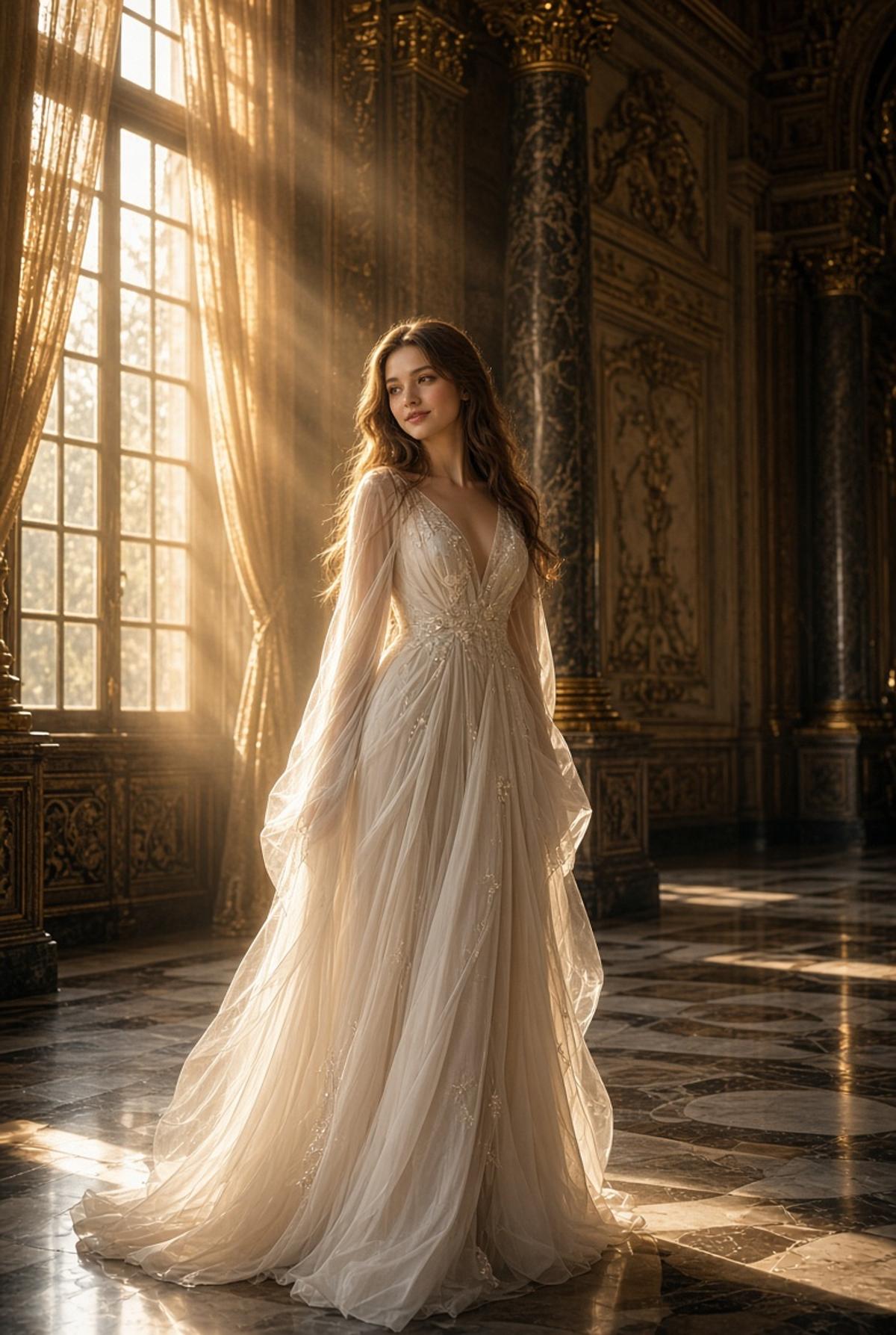 Off-white chiffon gown in golden palace sunbeams