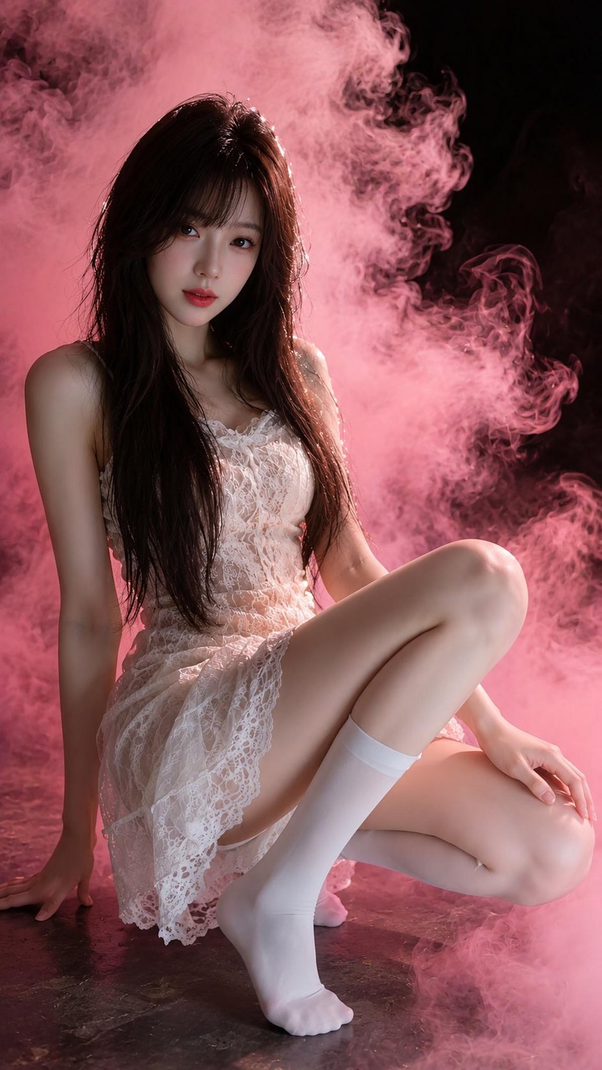 Ivory lace fashion portrait in rose-pink studio smoke