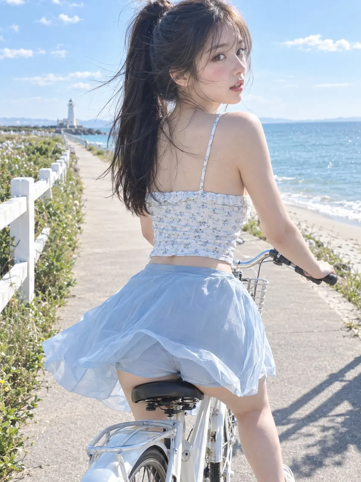 Looking Back While Cycling on a Sunny Seaside Path