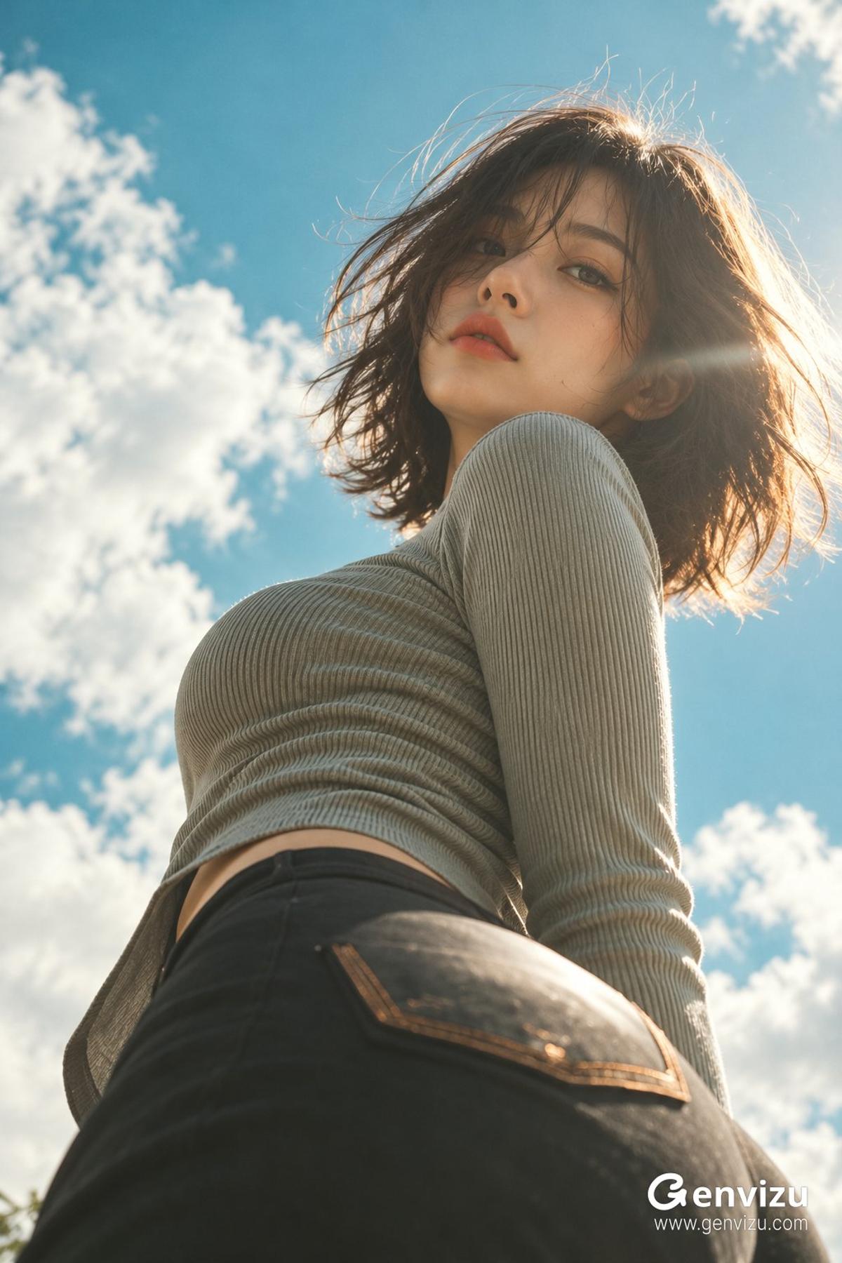 Low-angle sunlit fashion portrait beneath a turquoise sky