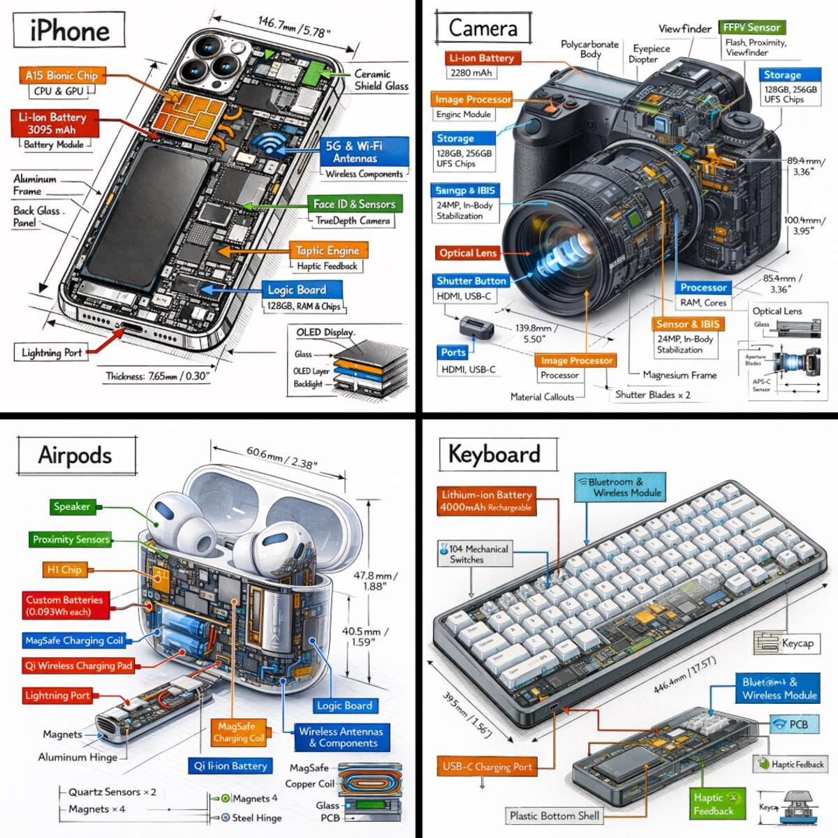 Create a technical infographic of [OBJECT] with a 45-degree 