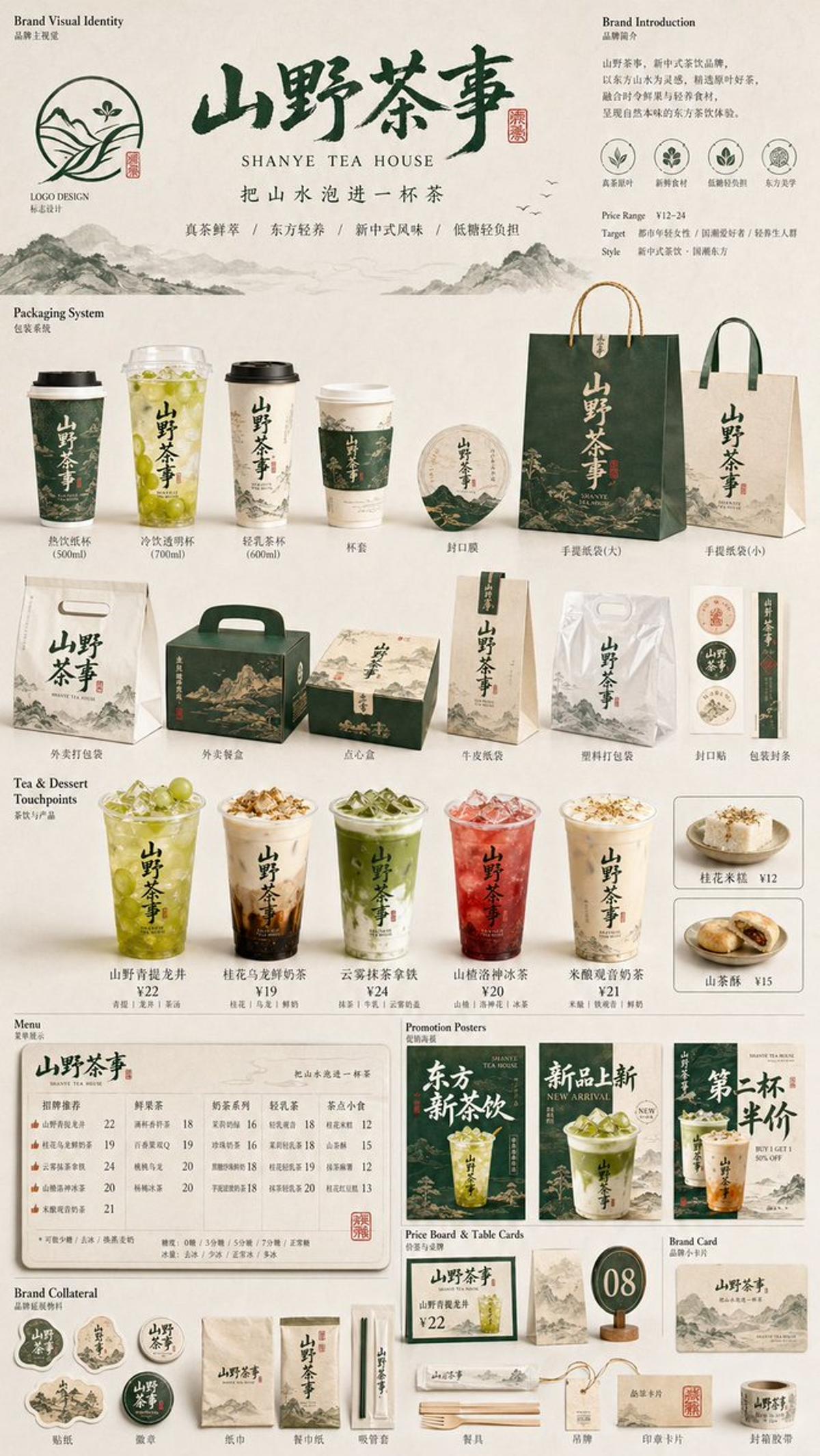 生成一张[餐饮品牌触点矩阵]系列视觉图，用于展示一个完整的餐饮品牌视觉系统与包装应用方案。

这是一个面向餐饮行业的品牌