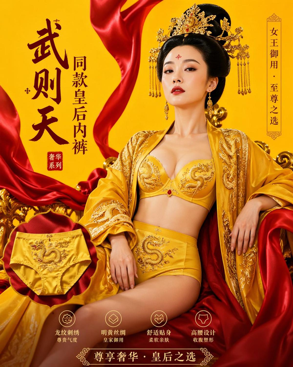 武则天同款皇后内衣广告大片，明黄底色龙纹刺绣，大红丝绸飘带衬托
