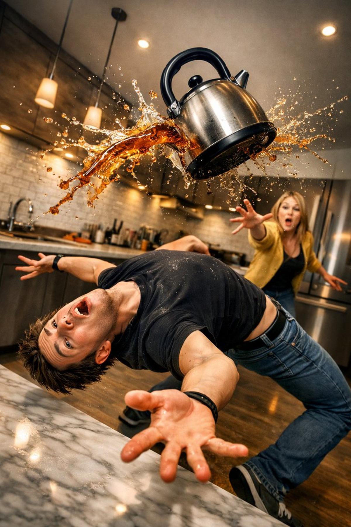 Surreal comedic scene inside a modern kitchen: a young man b