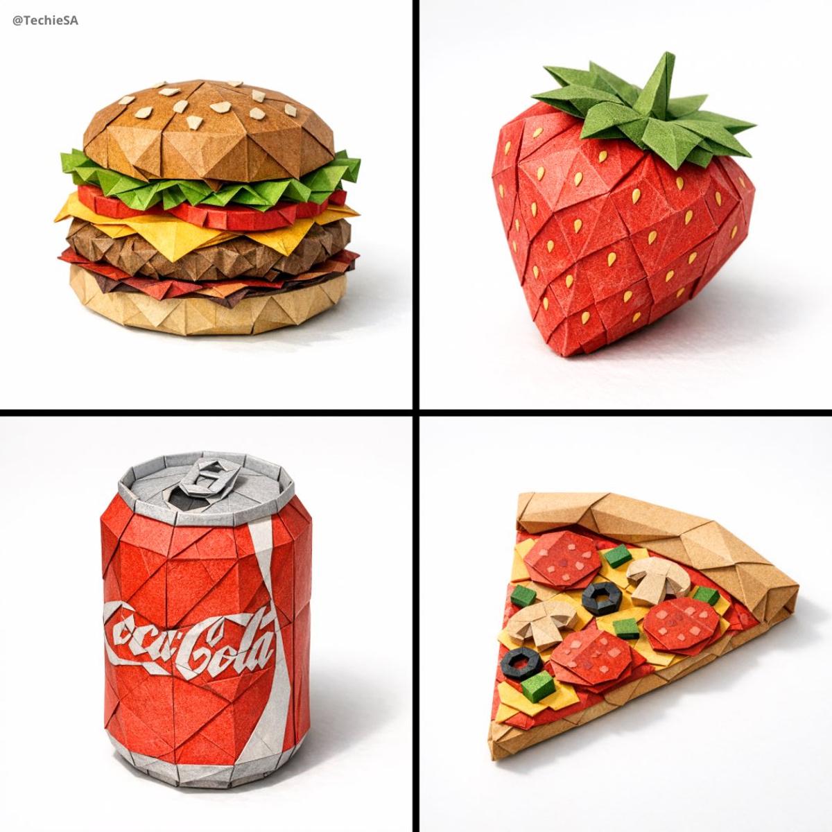 A hyper-detailed origami [FOOD ITEM] folded from realistic c