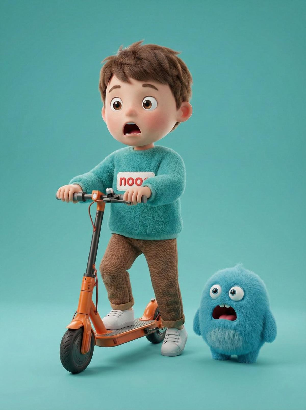 A high-quality 3D render of a cute young boy riding an orang