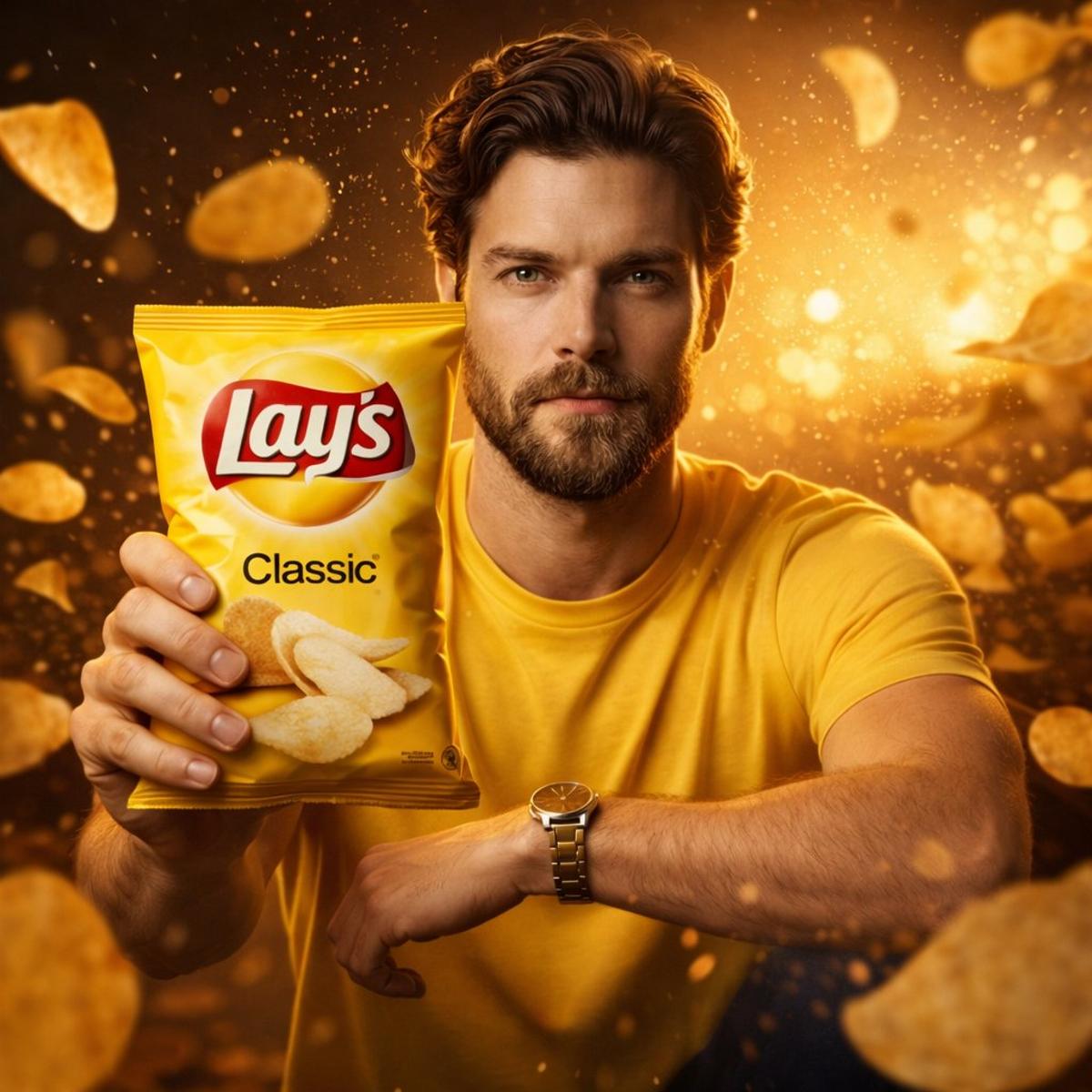 A cinematic, ultra-realistic advertising shot of a man holdi