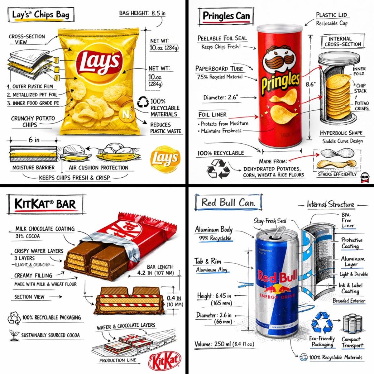 Create a branded technical infographic of a [SNACK], combini