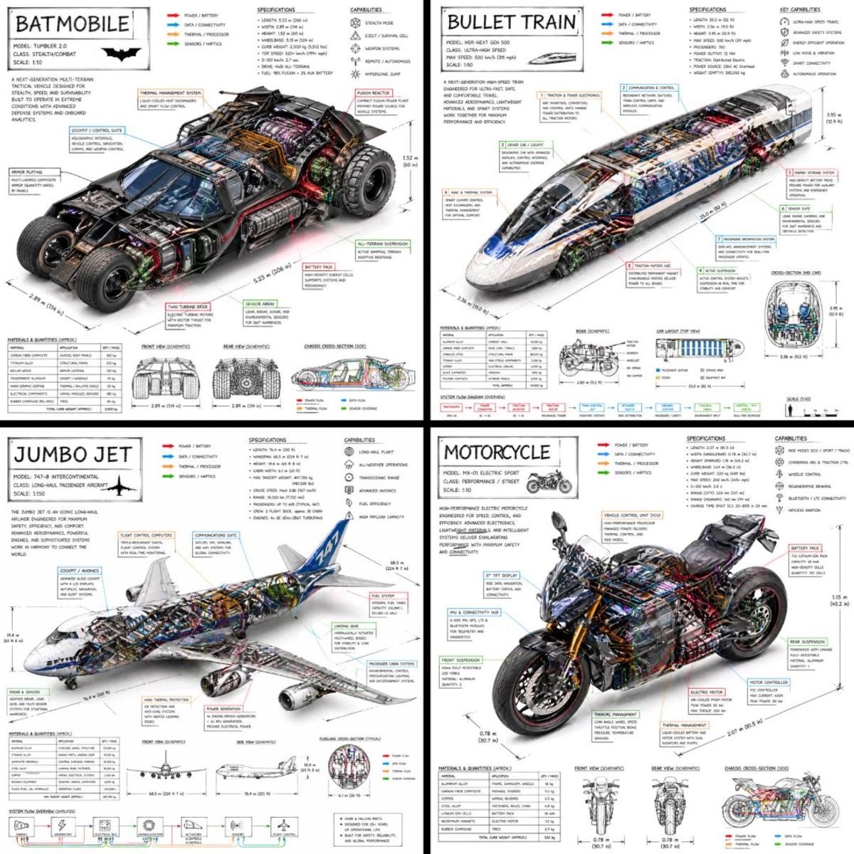 Create a technical infographic of [VEHICLE] with a 45-degree