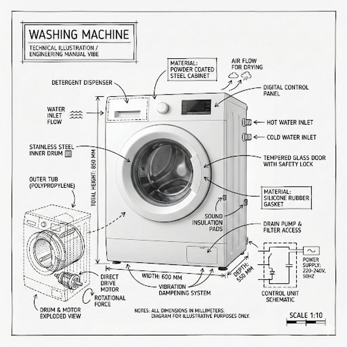 Create an infographic image of [washing machine], combining 